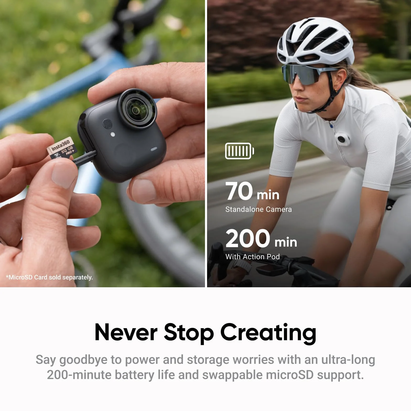 Insta360 Pakiet GO Ultra Creator Arctic White – mała kamera 4K, lekka i przenośna, doskonałość przy słabym oświetleniu, montaż w dowolnym miejscu, stabilizacja FlowState, żywotność baterii 200 min