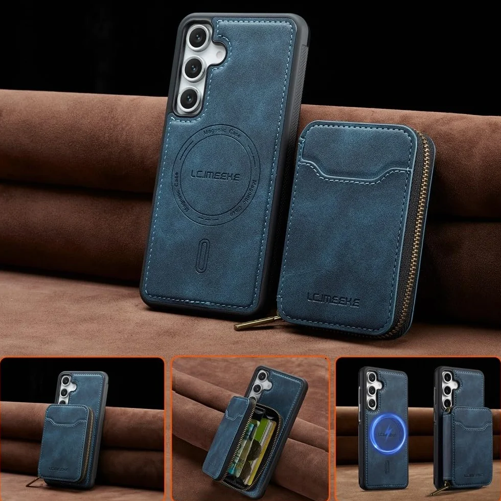 Generic etui kompatybilne z Samsung Galaxy S24 FE (kolor: ciemnoniebieski) magentny portfel pokrowiec na zamek błyskawiczny skórzany tył silikonowe etui z klapką