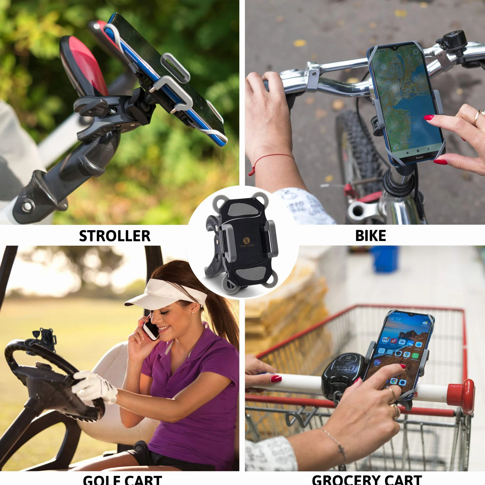 Uchwyt na telefon, wózek na zakupy, uchwyt na rower golfowy, do motocykla, skutera, ATV, łodzi, roweru spinningowego, uniwersalna kierownica rowerowa, iPhone, zacisk ogniwowy