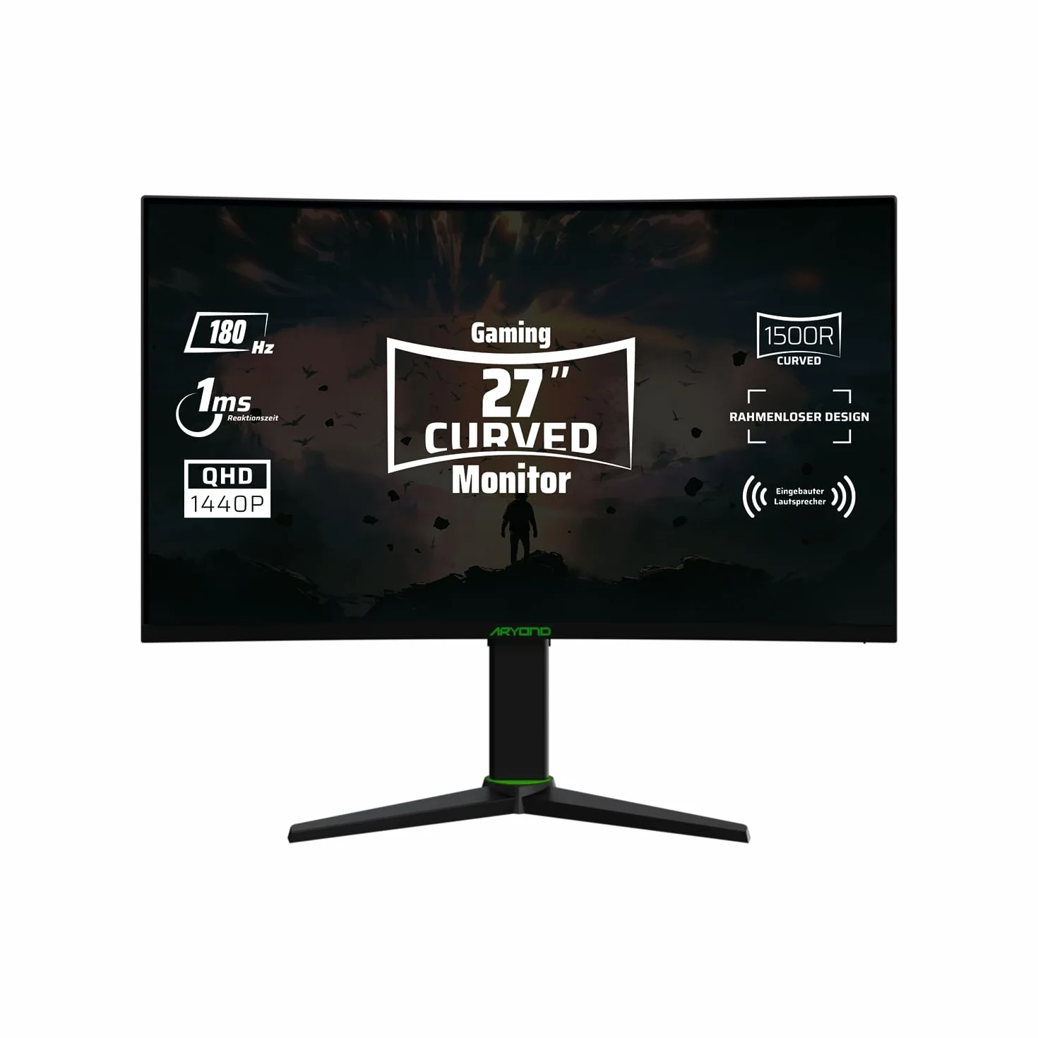 Aryond Zakrzywiony monitor gamingowy A27 V2, zakrzywiony wyświetlacz QHD 27 cali 180 Hz (2560 x 1440), czas reakcji 1 ms, HDR 10, FreeSync, G Sync 119,9%, SRGB, głośniki 2 x Ω8 x 2 W, połączenie HDMI