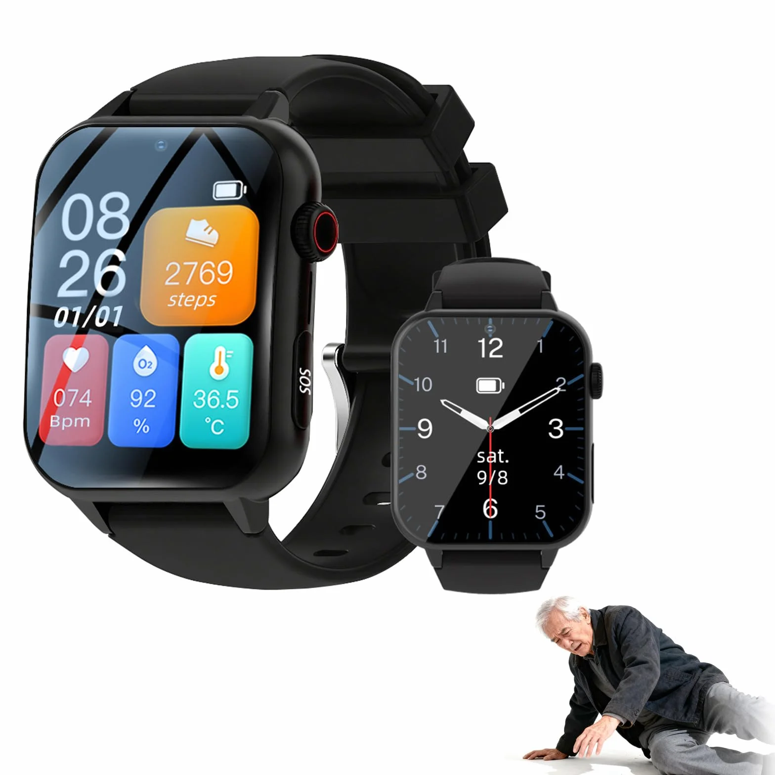 Przycisk alarmu dla seniorów, lokalizator GPS, smartwatch z funkcją lokalizacji, wibracje i dzwonek, podwójny przypomnienie, inteligentny zegarek, prezent dla seniorów A80-Black