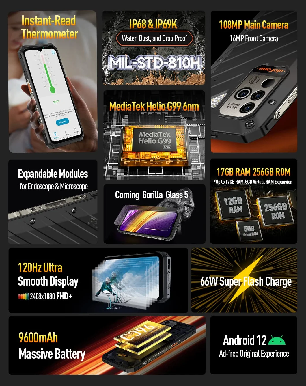 Ulefone Niezniszczalny smartfon Power Armor 19, aparat 108 MP, 12 GB 256 GB, 6,58 cala, 120 Hz FHD, wodoodporny telefon komórkowy z systemem Android 12, wodoodporny IP68, Dual SIM, termometr