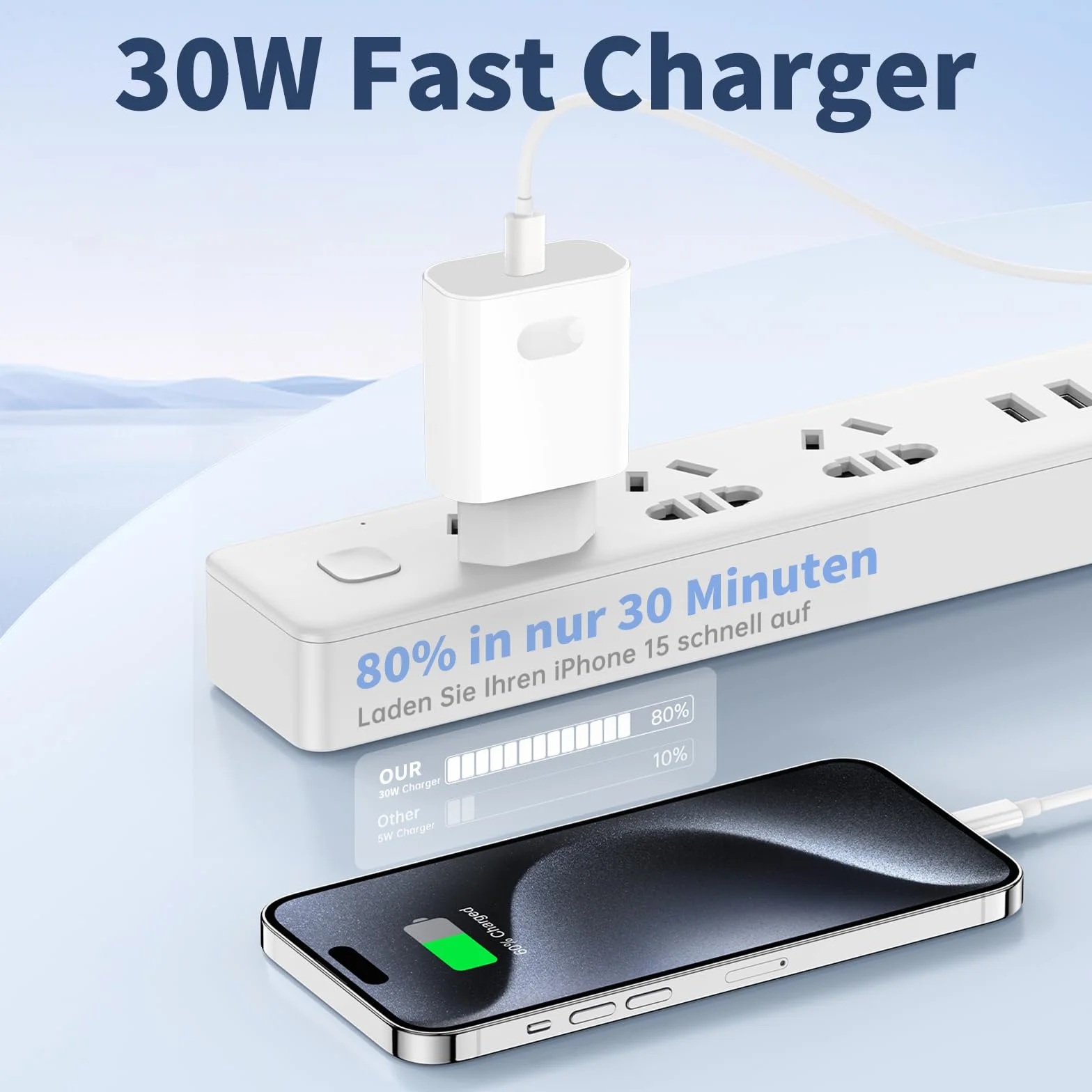 Ładowarka USB-C do iPhone, 30W Szybka Ładowarka w Typu C Zestawie Kabel O Długości 2M, Certyfikat MFi Zasilacz Zasilania Wtyczka do iPhone 17/16/16 Plus/16 Pro/16 Pro Max/15/iPad Air/iPad Mini/AirPods