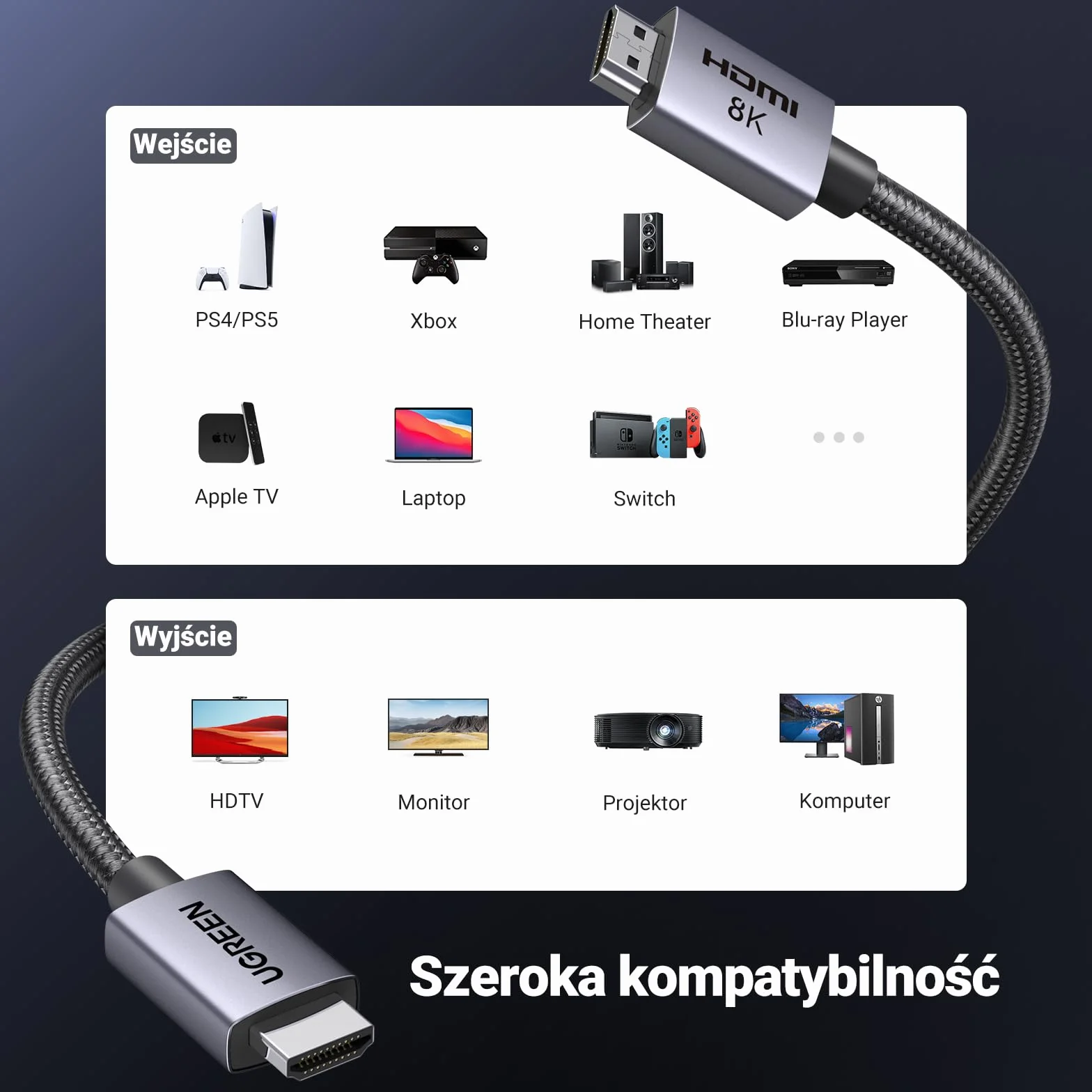 UGREEN Kabel HDMI 2.1 8K 60Hz 4K 240Hz 165Hz 144Hz 120Hz 48Gbit/s High Speed, Kabel HDMI 2.1 Ultra HD eARC HDR 10+ HDCP Dolby Vision VRR Kompatybilny z TV/PS5/PS4/ Xbox Series X/Monitor/Laptop (2M)