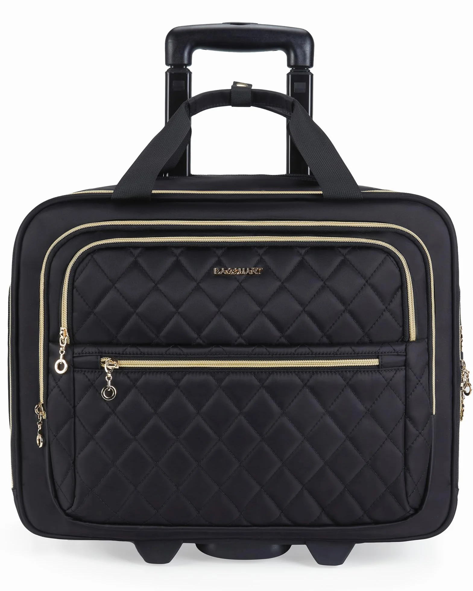 bagsmart Torba na laptopa dla kobiet, zwijana aktówka na laptopa o przekątnej ekranu 15,6", bagaż podręczny pod siedzeniem z rolkami, zwijana torba na komputer z zamkiem TSA, czarny, 15.6 Inch
