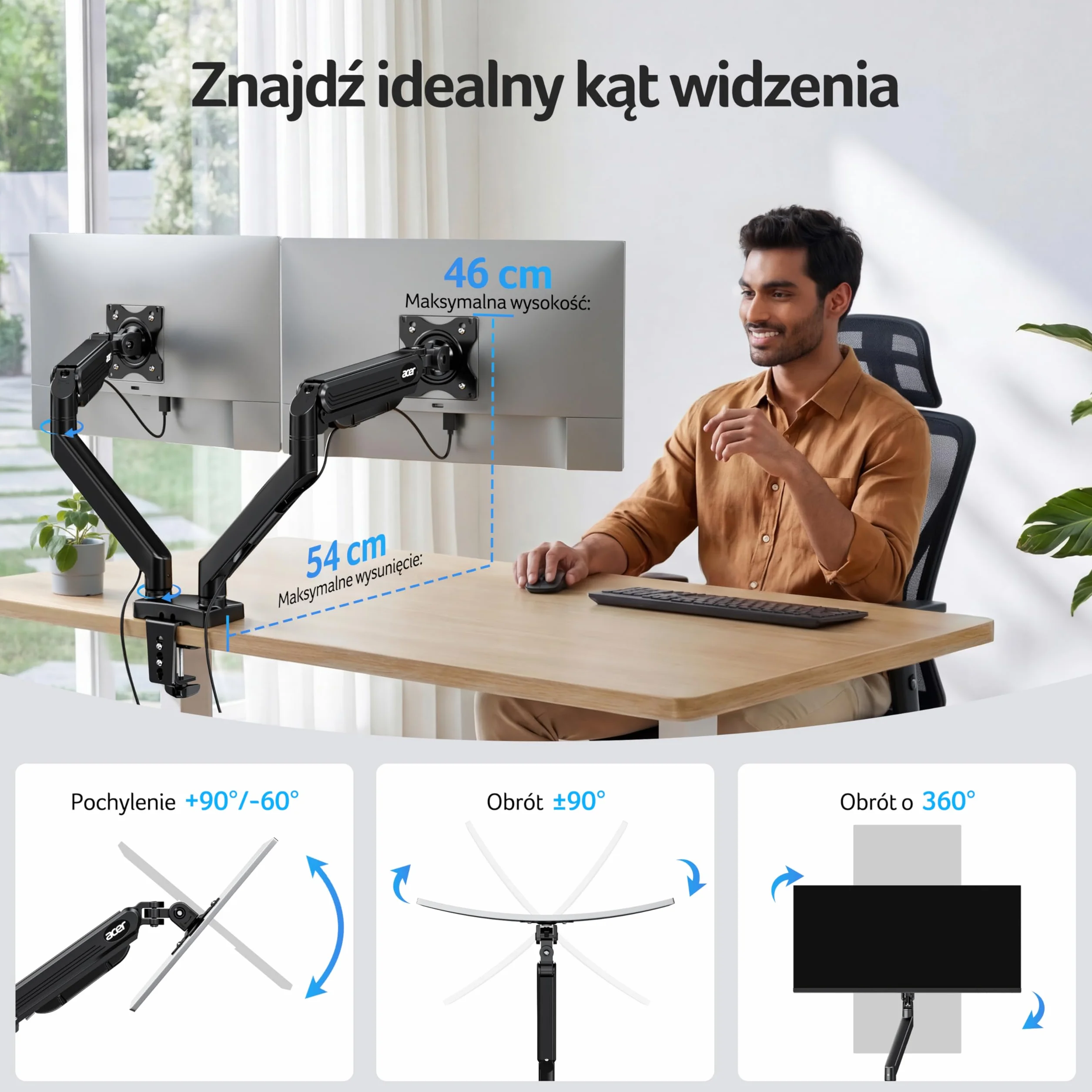 Acer Uchwyt na dwa monitory do ekranów 17-32 cali, obsługuje dwa ekrany | Sprężyna gazowa, do zakrzywionych płaskich ekranów, VESA 75/100 mm, Podstawa z zaciskiem C/przelotką, Nośność 9kg