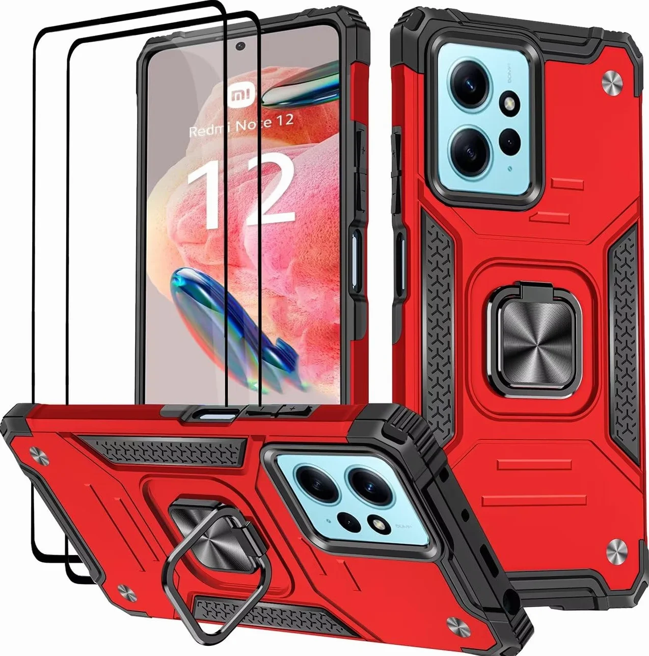 Etui do Xiaomi Redmi Note 12 4G (6,67"), szkło hartowane [2 sztuki] ochronna silikonowa TPU odporna na wstrząsy twarda pancerna obudowa Tough Armor - czerwona