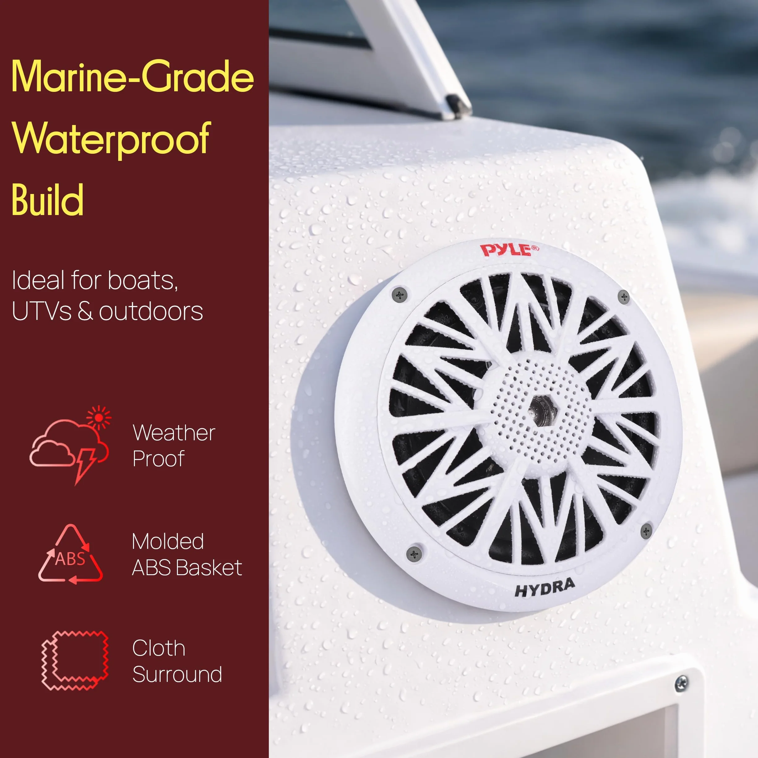 Pyle 5.25 Inch Dual Marine Speakers - 2 Way Waterproof and Weather Resistant Outdoor Audio Stereo Sound System with 150 Watt Power, Poly Carbon Cone, Cloth Surround and Low Profile Design - 1 Pair
