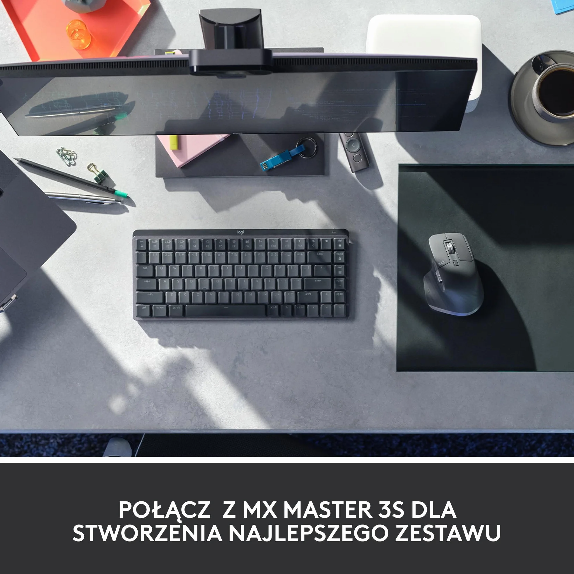 Logitech MX Mechanical Bezprzewodowa Klawiatura Mini podświetlana klawisze Tactile Quiet, Bluetooth, USB-C, macOS, Windows, Linux, iOS, Android, Metal, QWERTY układ US international - Szary