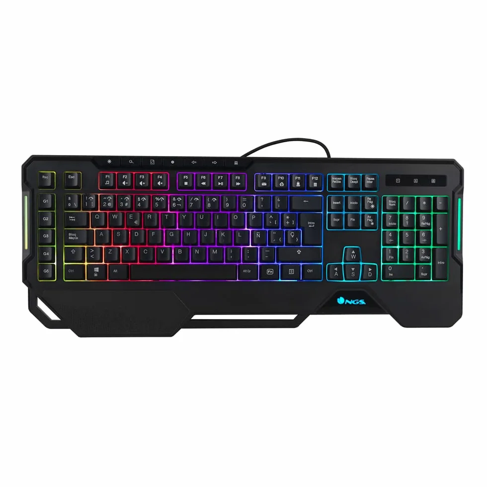 NGS GKX-450 klawiatura membranowa do gier z oświetleniem RGB, włoska klawiatura QWERTY, programowalna, 19 klawiszy multimedialnych, kabel 1,8 m, czarna