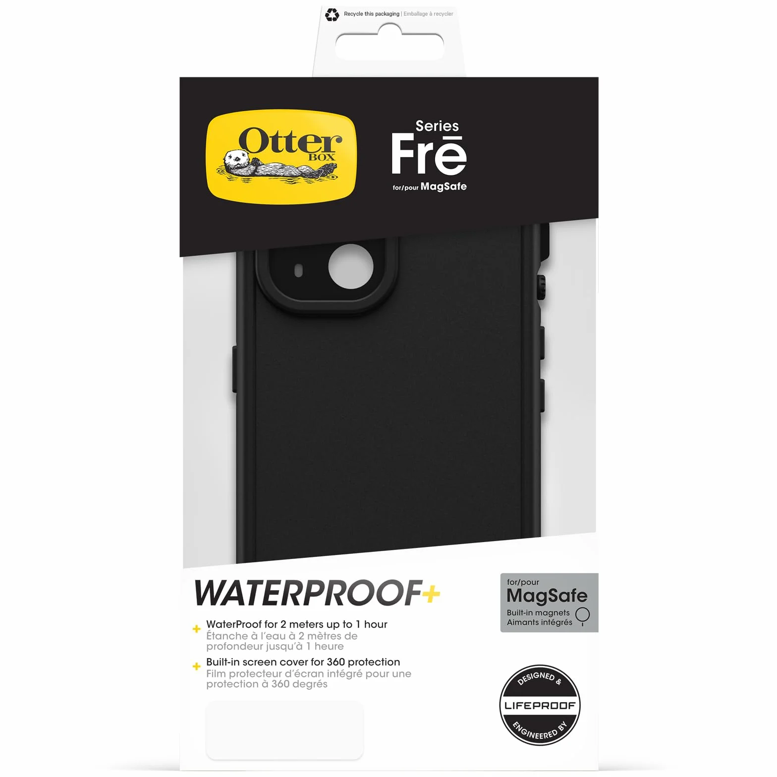 OtterBox Fre Etui do iPhone 15 na MagSafe, Wodoodporne (IP68), Eleganckie Etui z Wbudowanym Zabezpieczeniem Ekranu, Przetestowane 5 Razy Zgodnie ze Standardami Wojskowymi, Czarny