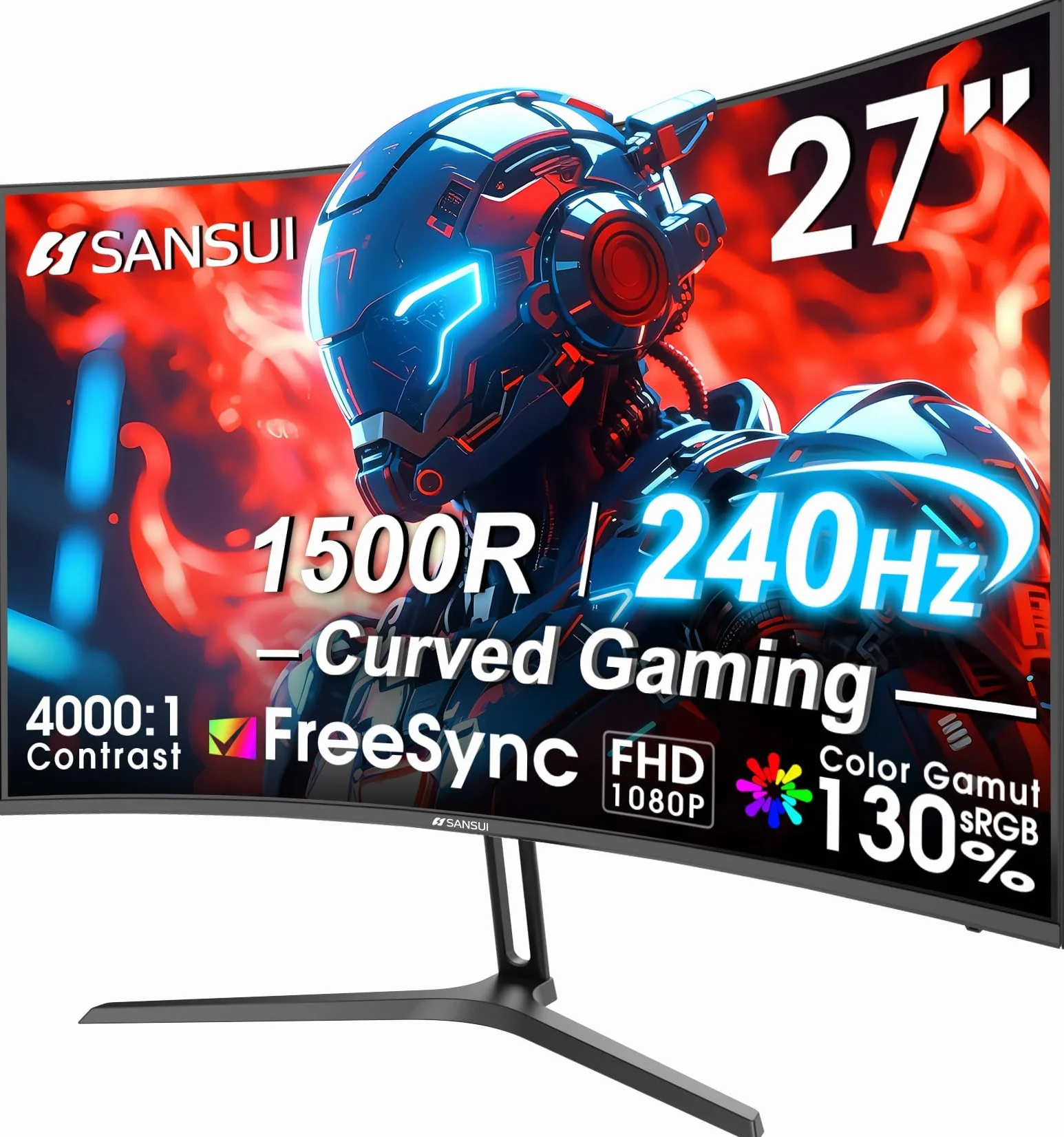 SANSUI Zakrzywiony monitor do gier 27 cali 240 Hz FHD 1080P, zakrzywiony monitor komputerowy 1500R, 130% sRGB, kontrast 4000:1, HDR, FreeSync, MPRT 1Ms, niskie niebieskie światło, porty HDMI DP
