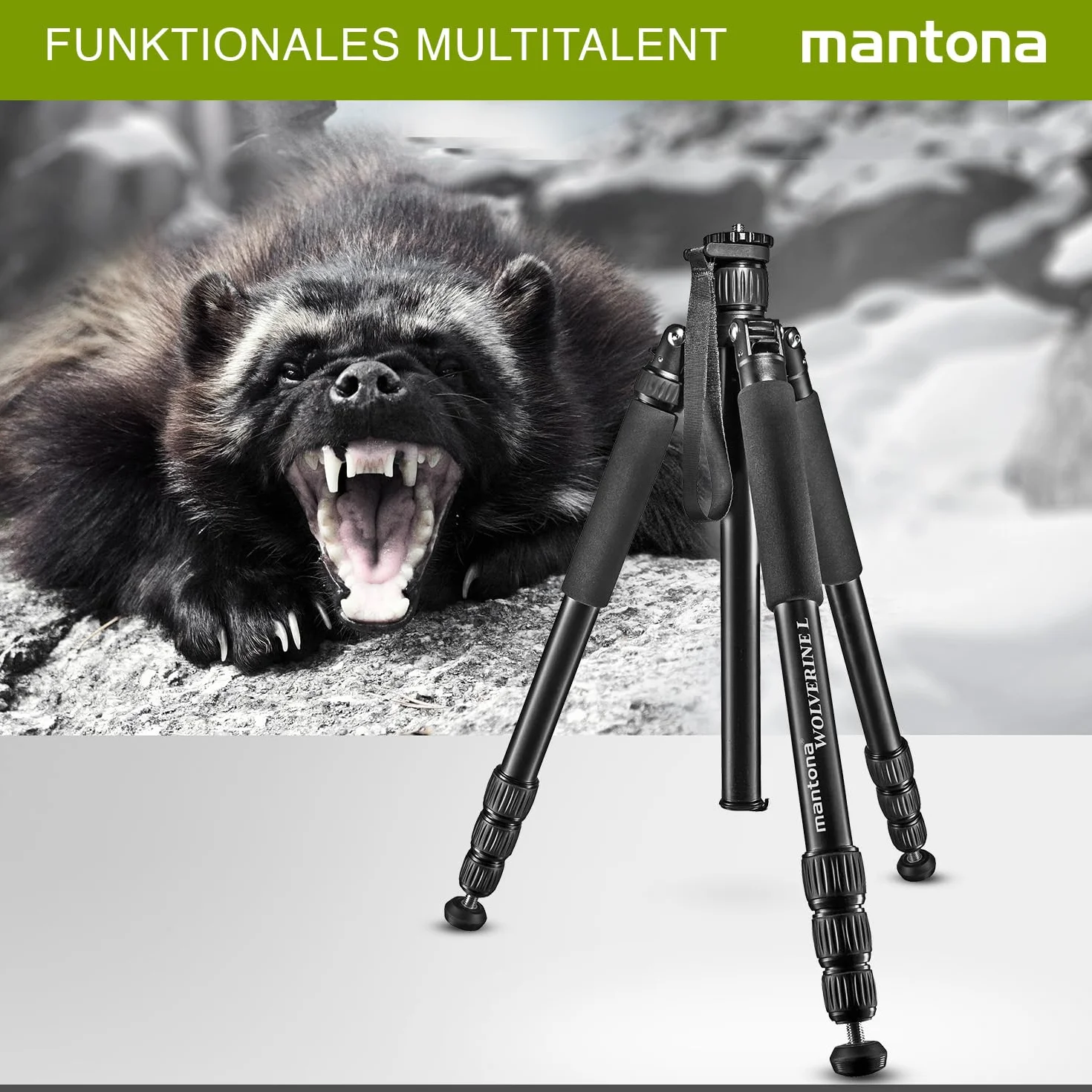 Mantona Wolverine L 284 statyw do aparatu, aluminium, statyw fotograficzny do 15 kg, regulacja wysokości do 166 cm, statyw z kolcami, ważką, lampa LED, może być używany jako statyw trójnożny i