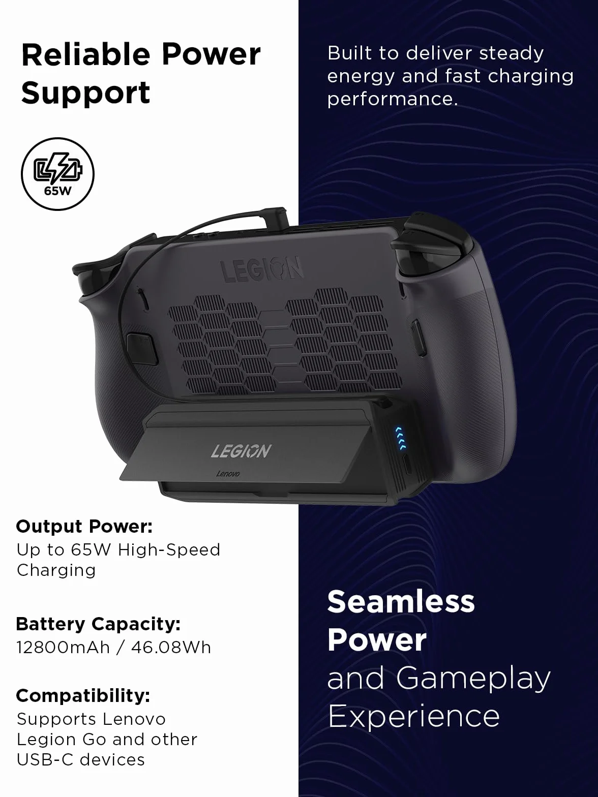 Lenovo - Power Bank for Legion Go (65 W i 12800 mAh, wbudowany kabel USB-C, wskaźnik LED, kompatybilny z Legion Go i Legion Go S) czarny