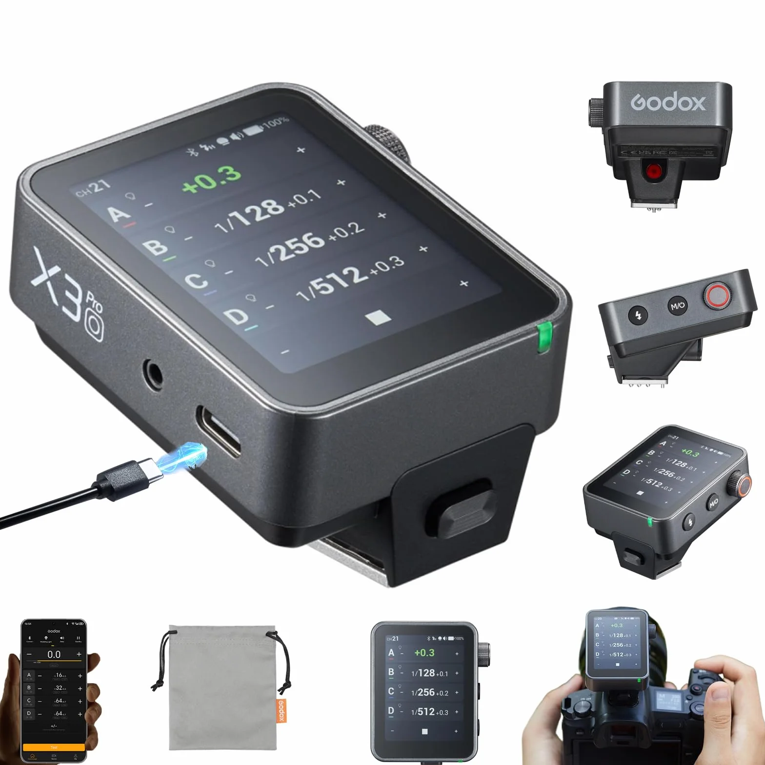 Godox X3 Pro-O X3Pro O TTL Wireless Flash Trigger for Olympus, 2.4'' LCD Touchscreen,Built-in 2930mAh Li-ion Battery,2.4GHz Wireless X System with 3 Pro Shooting Modes,APP Support,USB-C Fast Charging