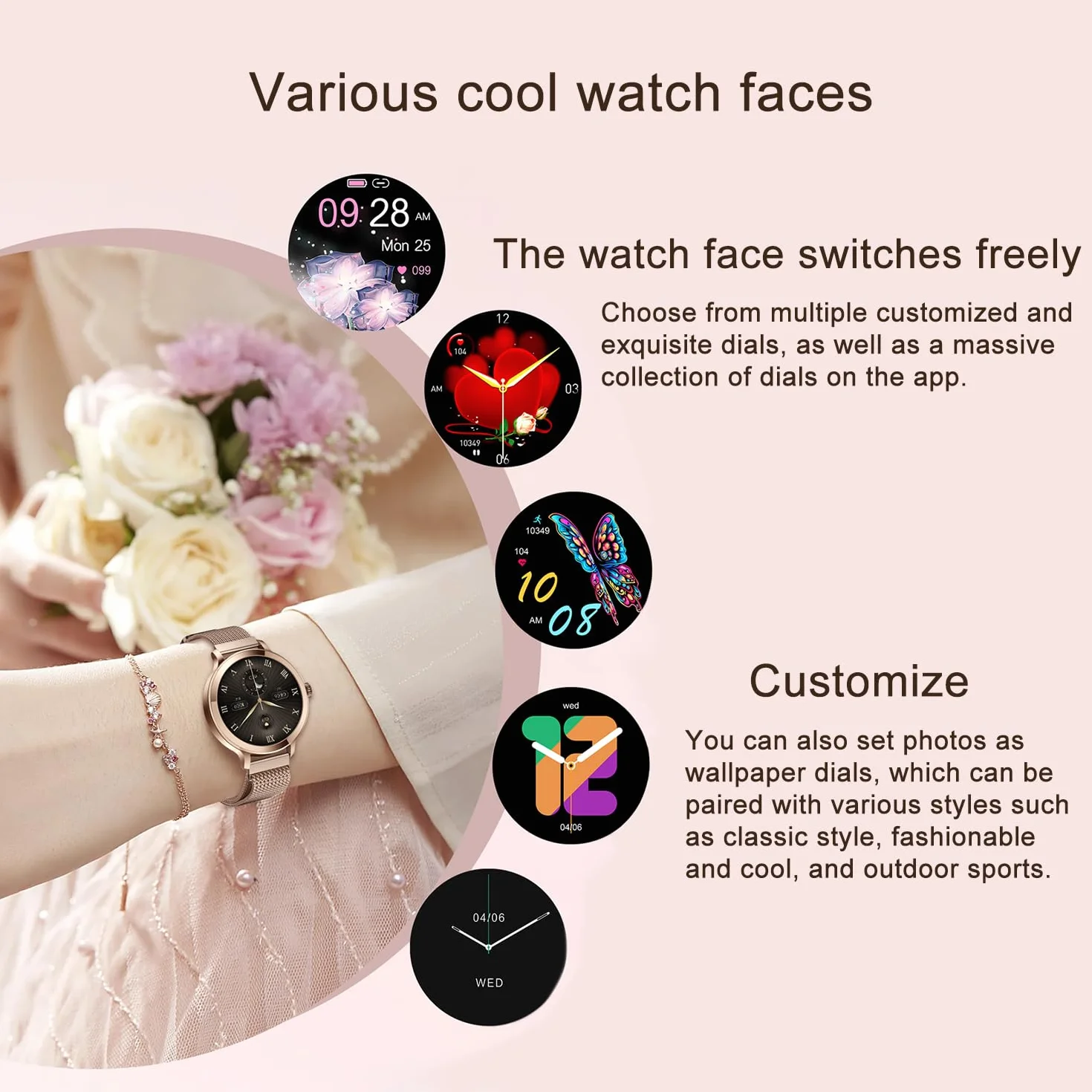 LONGLU Smart Watch dla kobiet z połączeniem Bluetooth, smartwatch kompatybilny dla telefonów iOS i Android z odbieraniem/wykonywaniem połączeń Wodoodporne tętno Ciśnienie krwi Tlen sen (złoto)