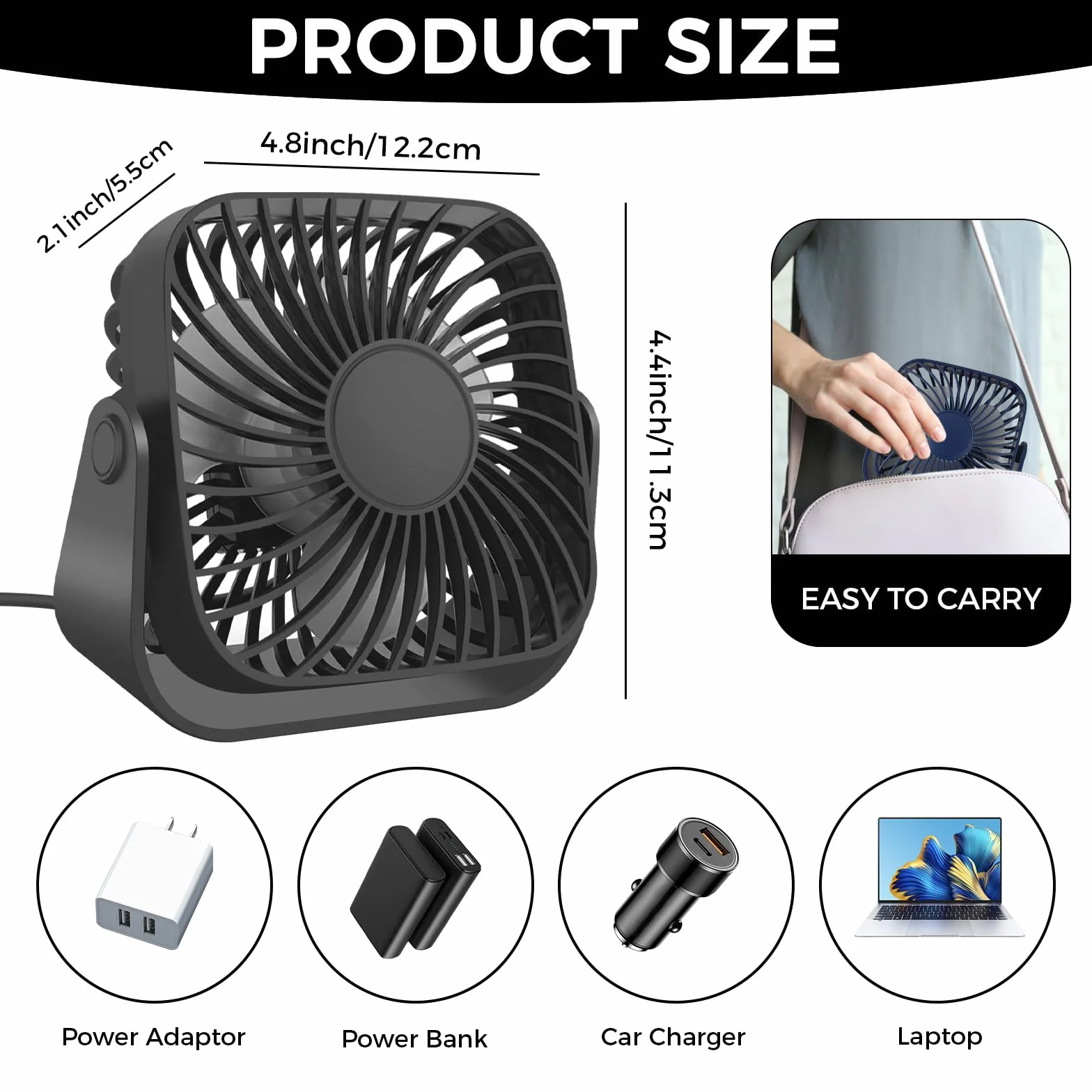 Wentylator biurkowy USB 3 prędkości regulacja obrotu 360°