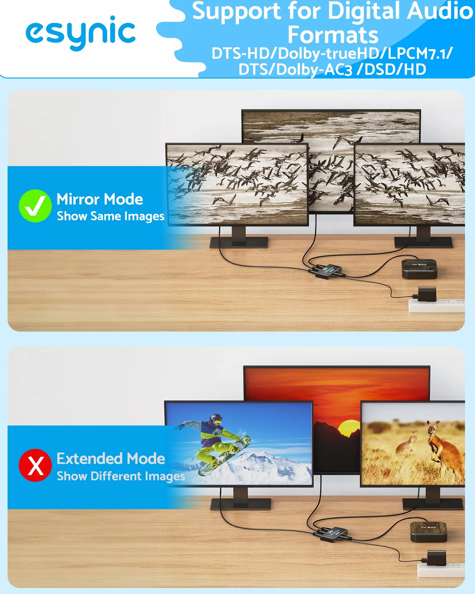 eSynic Rozdzielacz HDMI 4K HDMI rozdzielacz 1 w 3 out, jednocześnie obsługuje 4K 3D HD 1080P do Xbox PS4 PC HDTV