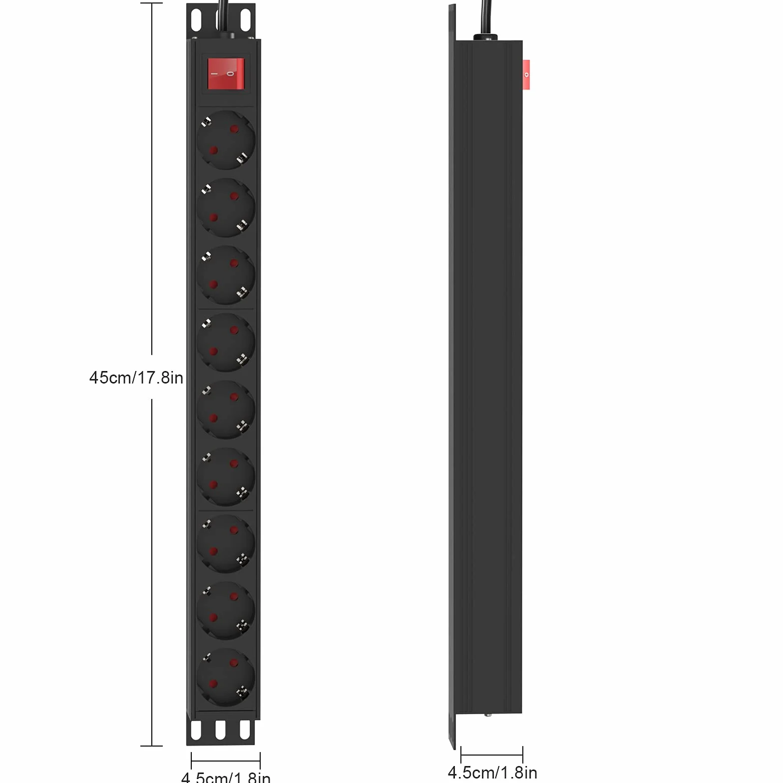 Listwa zasilająca z 9 gniazdami, 3500W/ 16A Alu-Line Listwa zasilająca ścienny z przełącznikiem do montażu stelażu 19" z aluminiowym korpusem, kabel 2M do domu, biura, smartfona