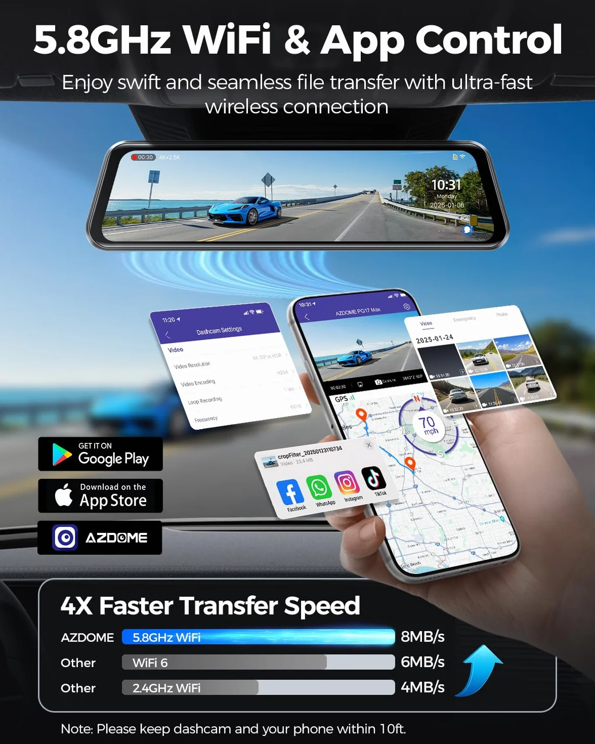 AZDOME Kamera samochodowa z lusterkiem 4K z tyłu 2,5 K, kamera samochodowa 5G WiFi, karta 64 GB w zestawie, super widoczność w nocy, GPS, sterowanie głosem, ekran dotykowy IPS 12", monitorowanie
