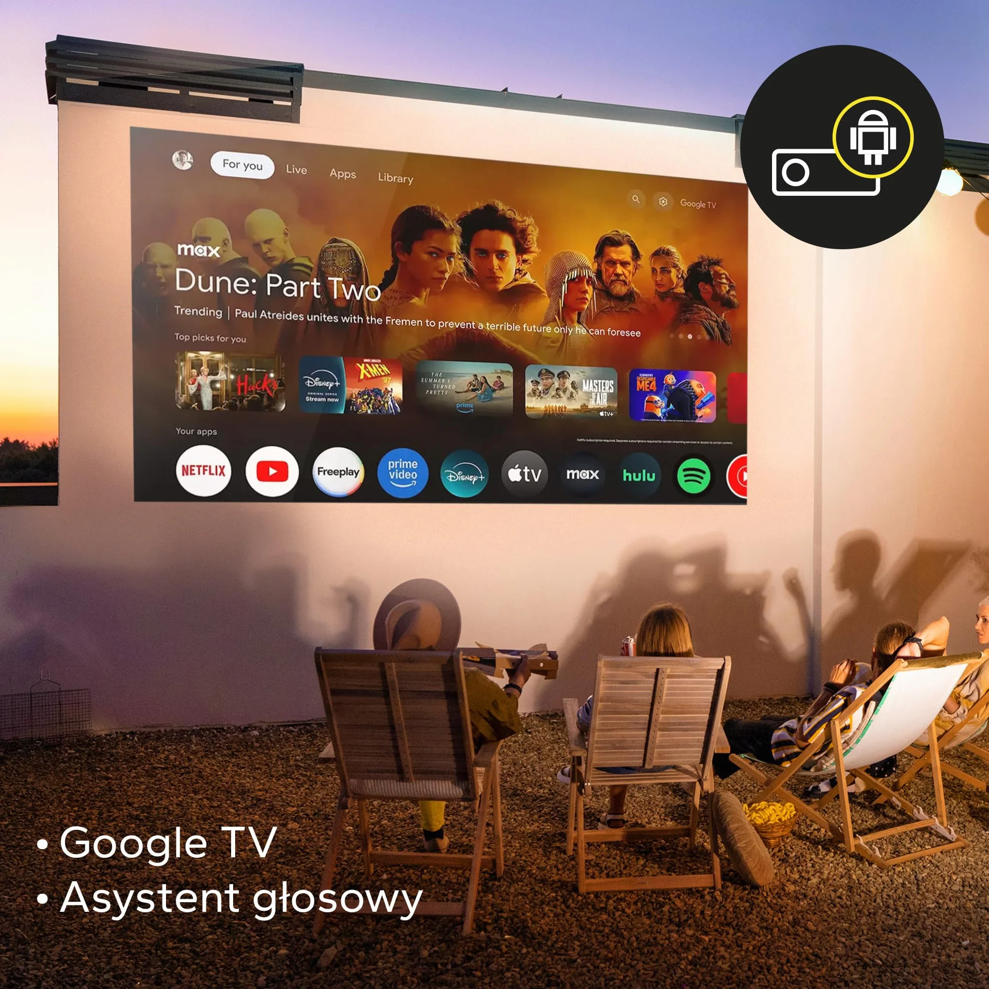 OVERMAX Projektor 4K Full HD 1080P Multipic 5.2, Google TV, WiFi i Bluetooth, Automatyczna Korekcja Keystone 30°, Elektryczny Zoom, Miracast i Obrót 360°, Ekran do 200”