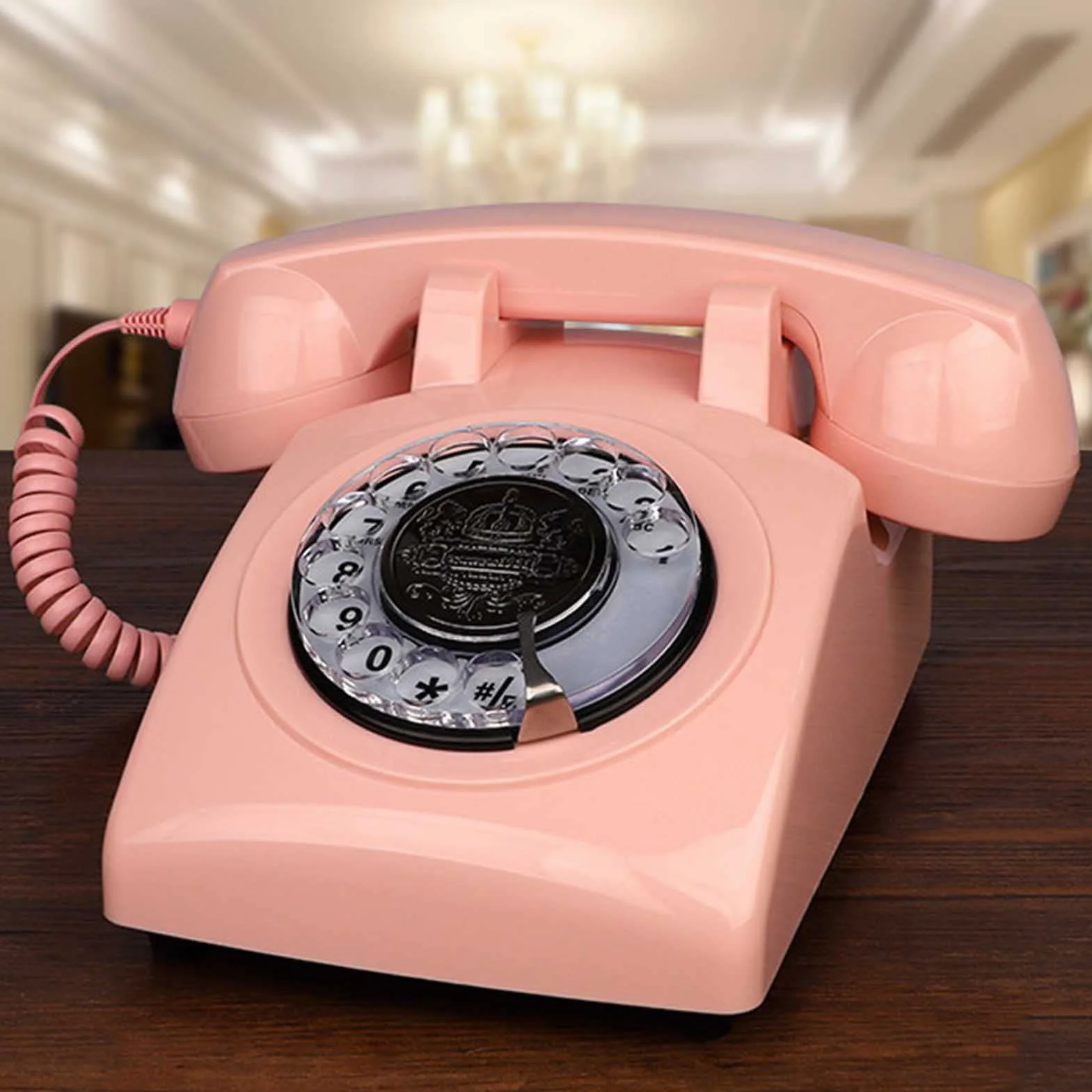 z kręconym przewodem, telefon stacjonarny, zabytkowy tarczą, staroświecki, klasyczna dekoracja ，Telefon w stylu vintage(Pink)