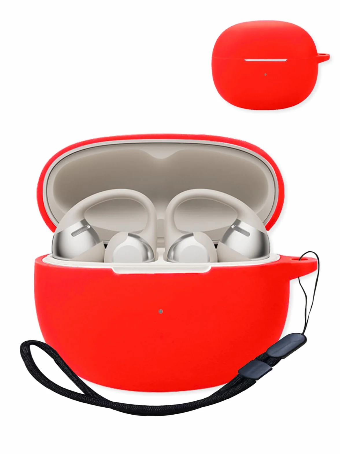 Etui na słuchawki Shokz OpenDots ONE True Wireless z redukcją szumów, silikon premium, odporny na wstrząsy, dostępny port ładowania, widoczna przednia dioda LED, ze smyczą, czerwona.