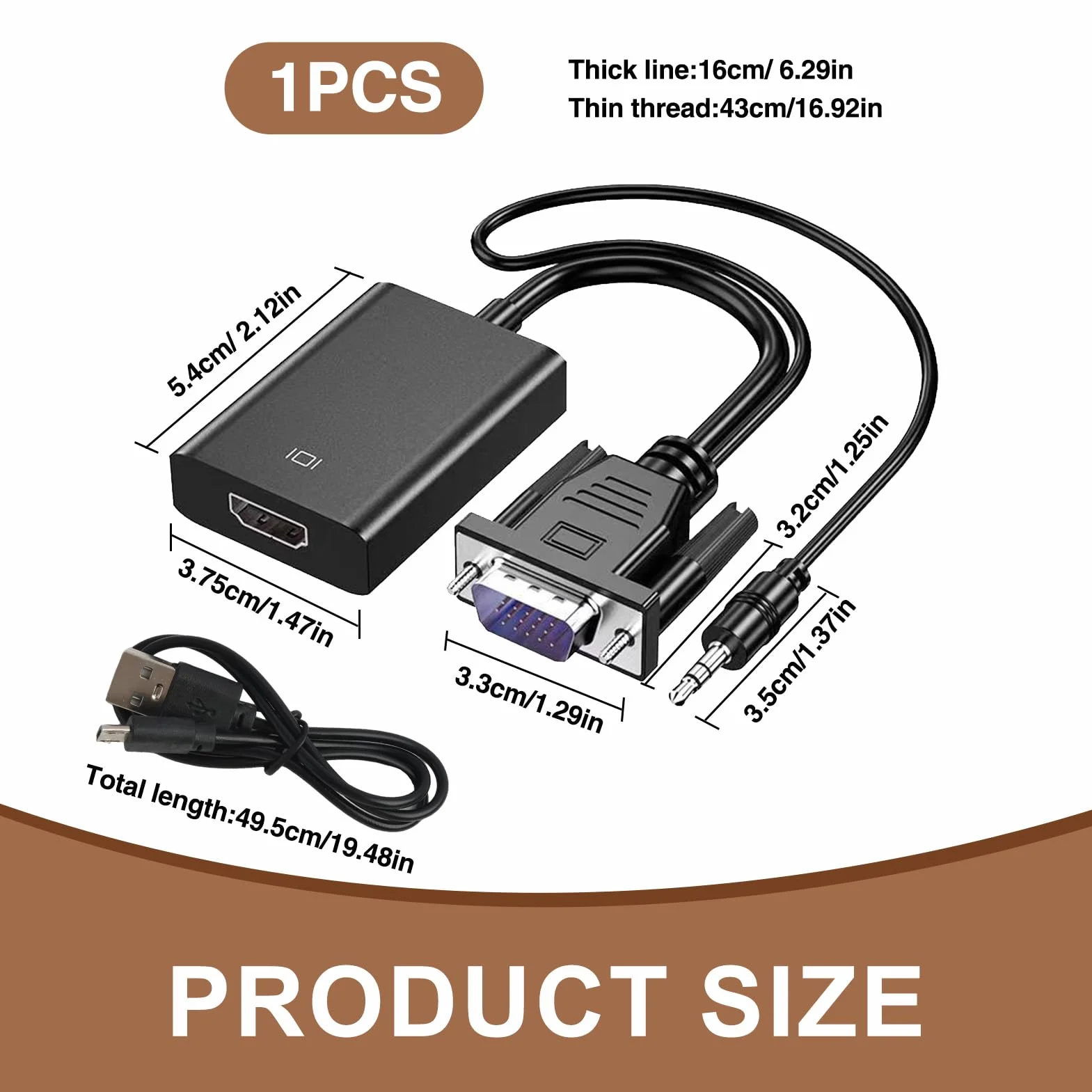 Konwerter VGA na HDMI 1080P męski na żeński z dźwiękiem i zasilaczem USB