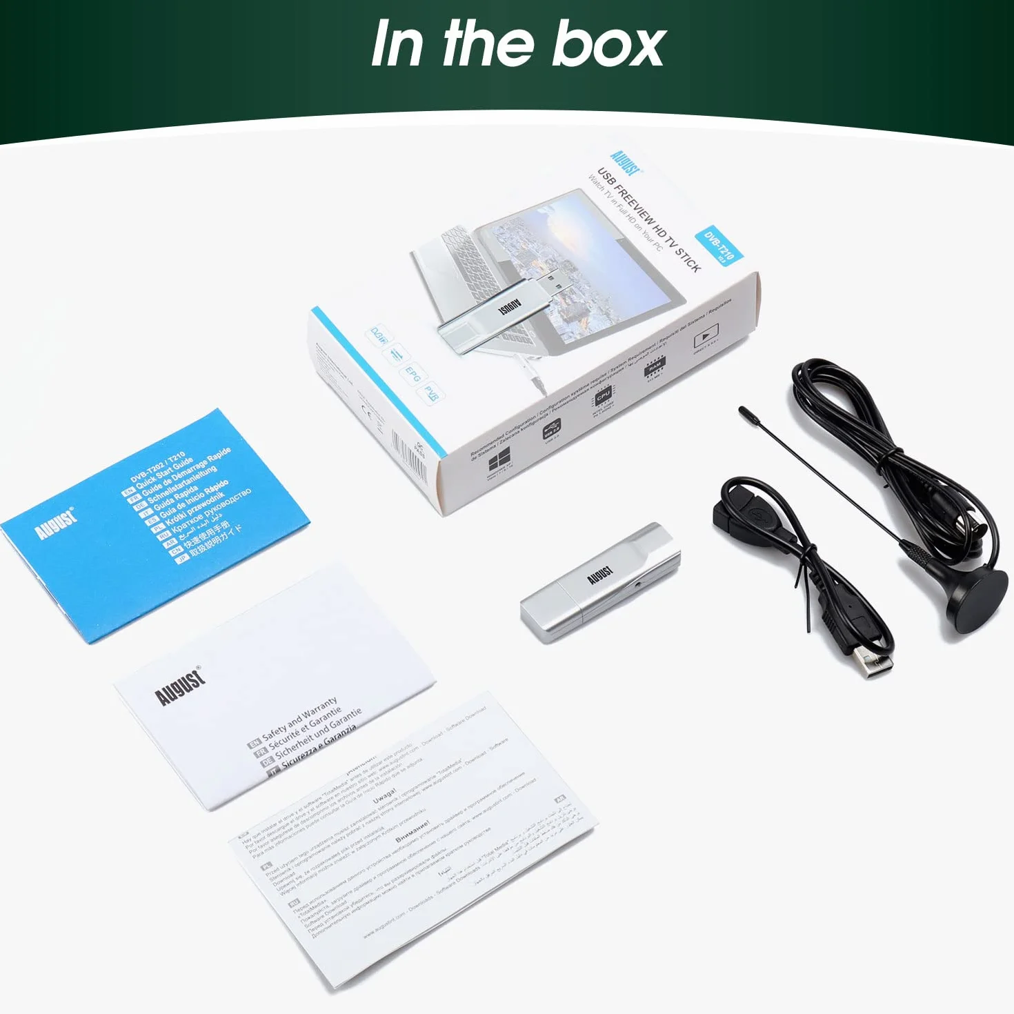Tuner TV USB HD - August DVB-T210 - Oglądaj cyfrowy telewizor Cyfrowa telewizja naziema w Full HD na laptopie i komputerach stacjonarnych - zewnętrzna karta telewizyjna do Windows 11,10, 8, 7