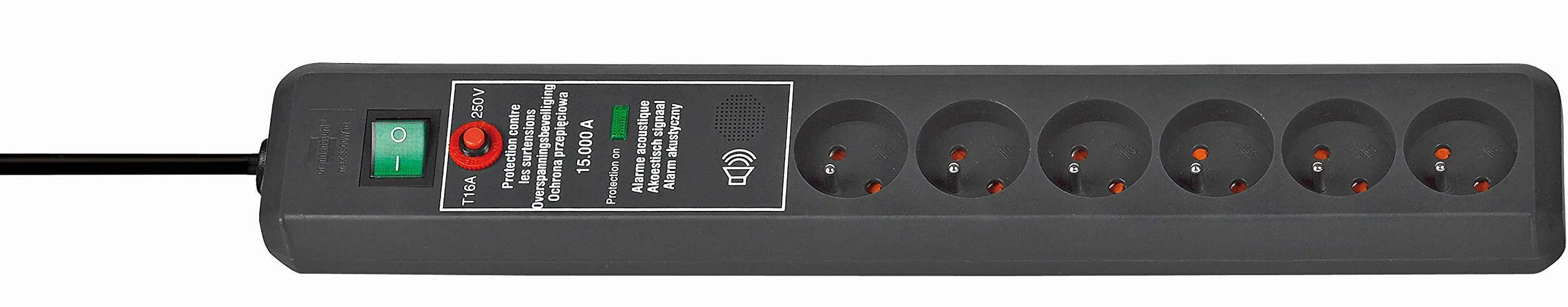 Brennenstuhl Secure-Tec 6-gniazda listwa zasilajaca z zabezpieczeniem przepieciowym i akustycznym sygnalem ostrzegawczym (kabel 3m i wylacznik) antracytowy