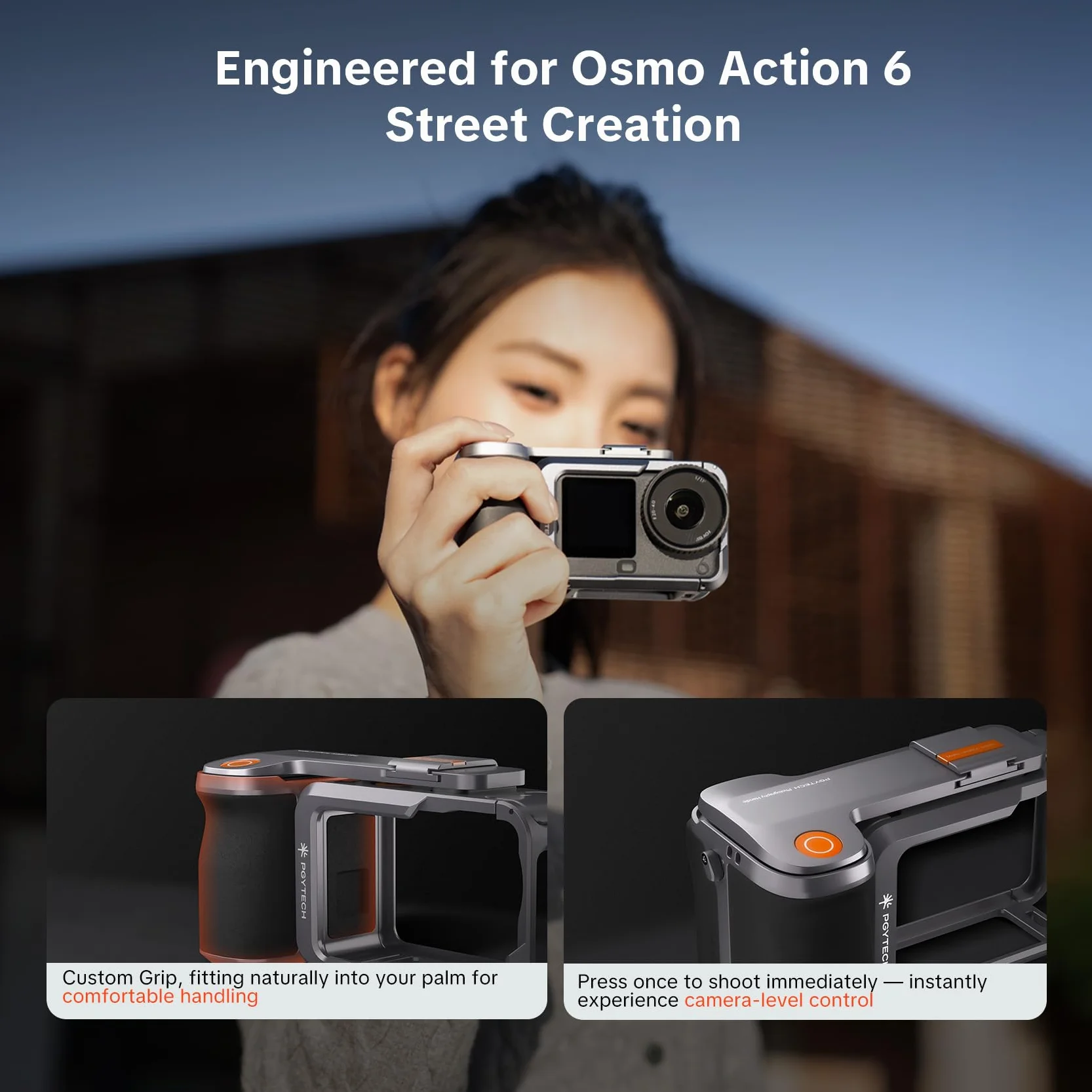 PGYTECH StreetPro Zestaw Uchwyt do Dji Osmo Action 6, Klatka Rig | Ergonomiczny Uchwyt, Mocowanie Zimna Stopka, Szybki Montaż, Stabilny Zestaw Vlogging, Lekkie Aluminium