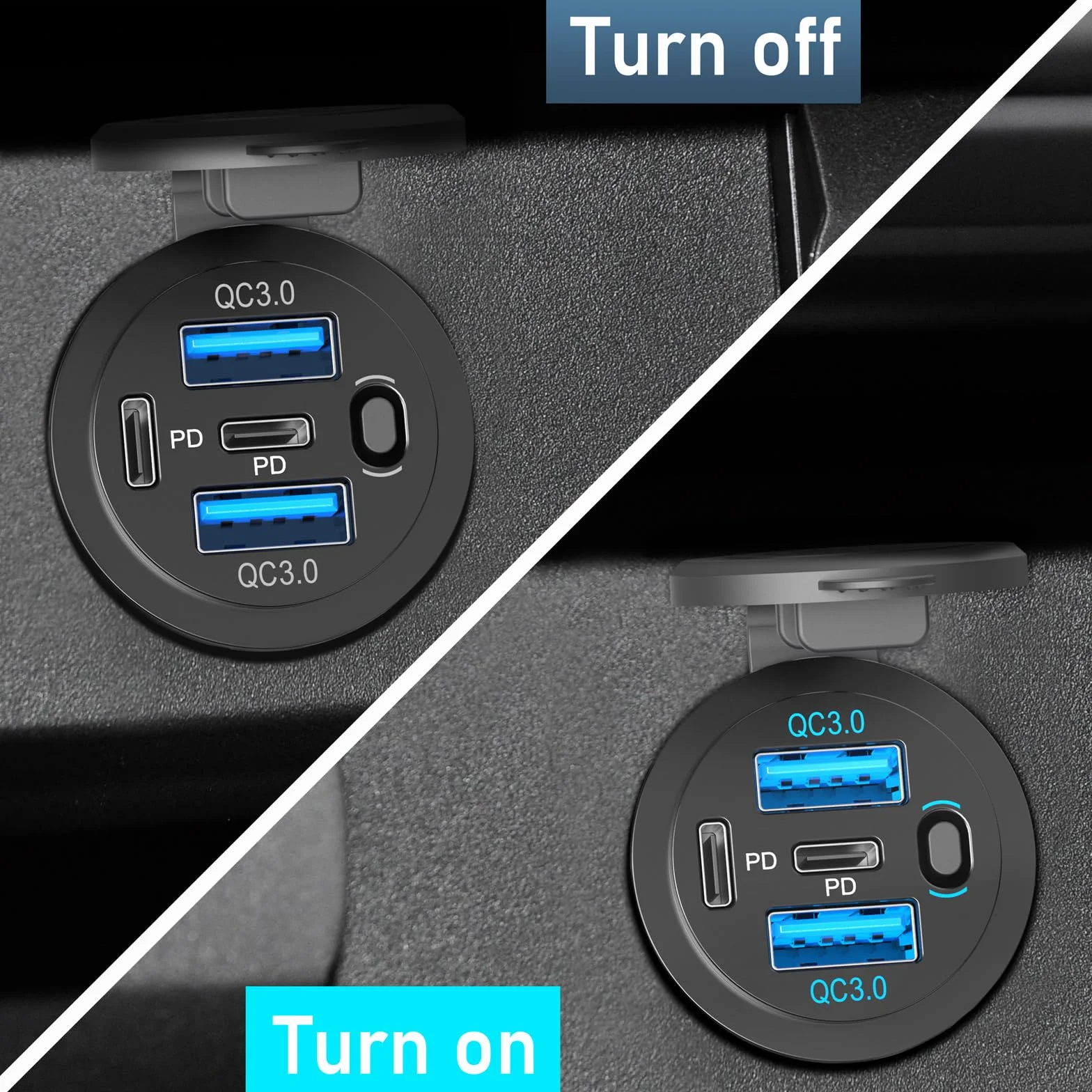 12V USB C Outlet 90W 4 Ports Car Charger Socket, Dual PD 36W i Dual QC 18W Car USB Port 12V Ładowarka z przełącznikiem przyciskowym i kablem C do C, nadaje się do łodzi morskiej autobusowej ciężarówki