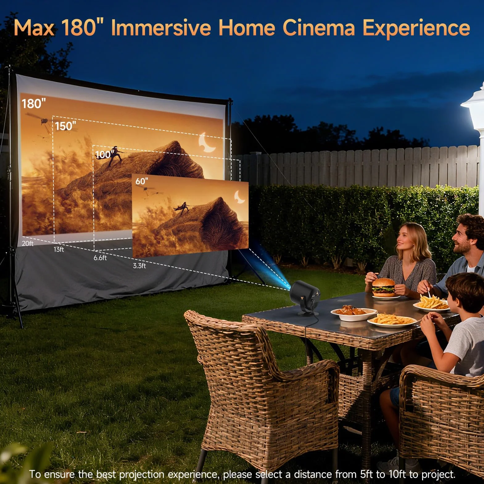 Mini projektor z Wi-Fi i Bluetooth, przenośny projektor Native 1080P, obsługa 4K ze stojakiem regulowanym o 180°, wyświetlacz maks. 180 cali, wbudowane głośniki