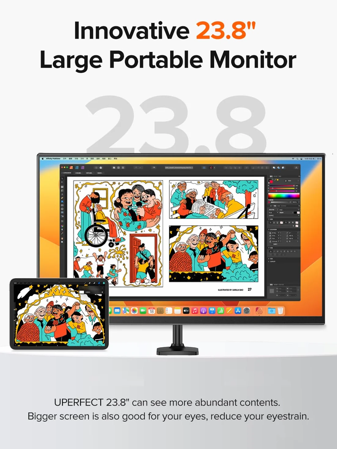 UPERFECT 23,8" 120 Hz QLED ekran dotykowy przenośny monitor gamingowy FHD 1080P 125% sRGB, duży wyświetlacz ze zintegrowanym uchwytem 180°, USB-C HDMI, do laptopa/komputera/konsoli do gier/mini PC