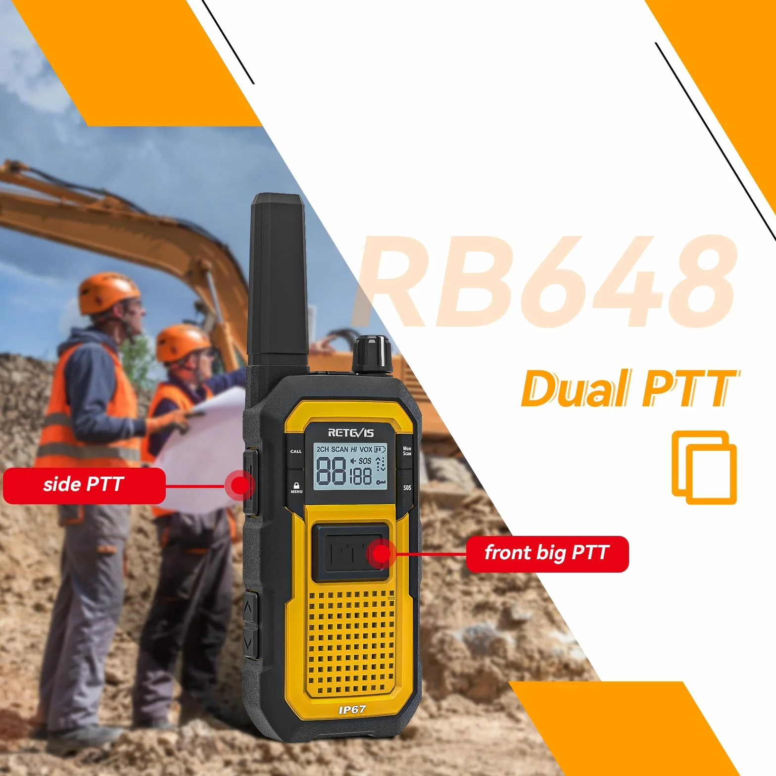 Retevis RB648 Walkie Talkie, Wodoodporne Krótkofalówki IP67, Podwójny Przycisk PTT, Wibracje SOS, 2000 mAh Typ C, Wytrzymałe Walkie-Talkie ze Słuchawką na plac Budowy (4 Szt, Żółty)