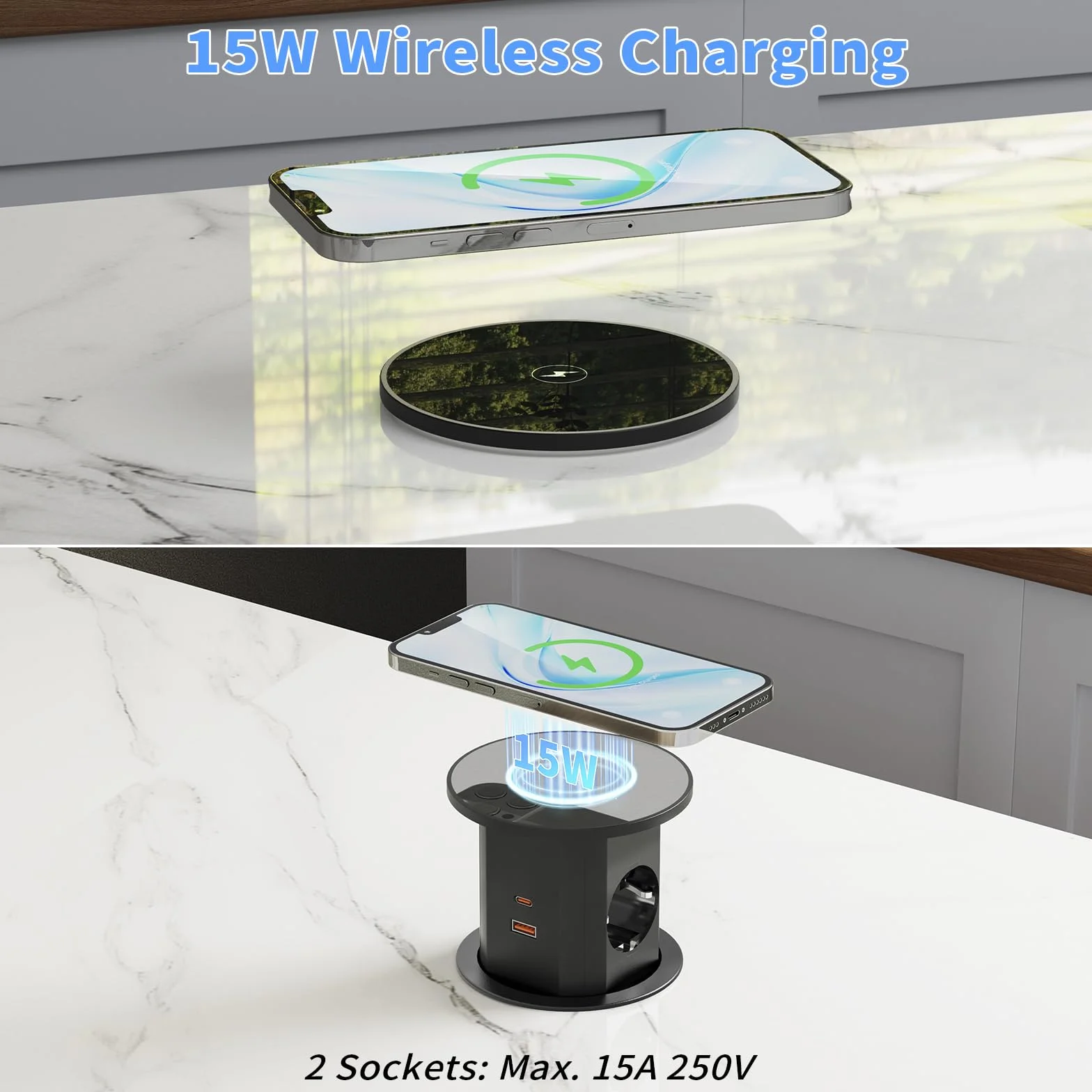 Wysuwane gniazdko elektryczne z bezprzewodowym ładowaniem 15 W, USB-C PD 20 W, Ø 85 mm | 2 Schuko, 2 USB-C, 2 USB-A po 18 W, wyłącznik przeciążeniowy, kabel 2 m, do biurka, kuchni i blatu roboczego