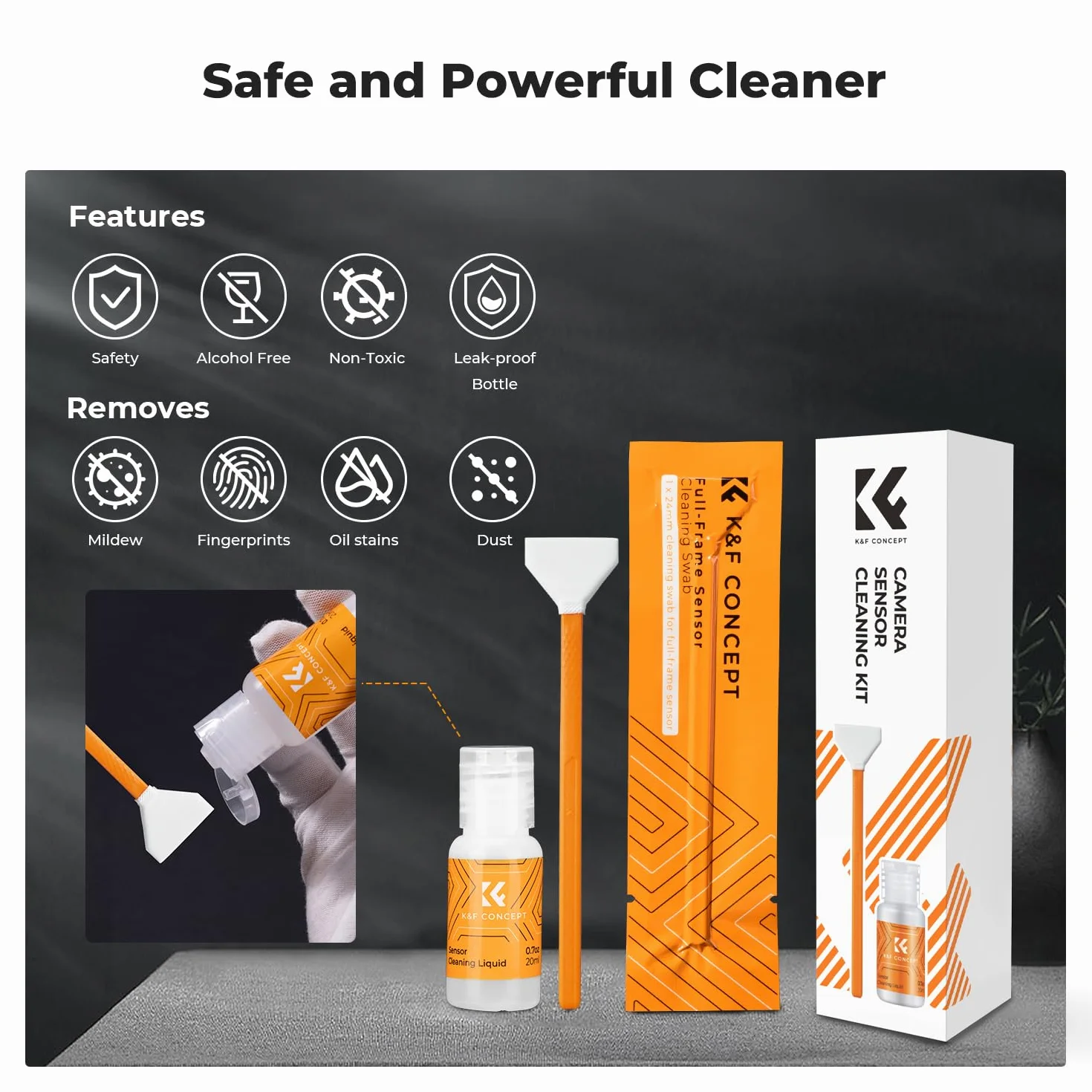 K&F CONCEPT Zestaw do czyszczenia czujników z 6 elementami z mikrofibry 24 mm do kamer pełnoklatkowych i 20 ml płynnego środka czyszczącego do lustrzanek cyfrowych, filtrów obiektywów