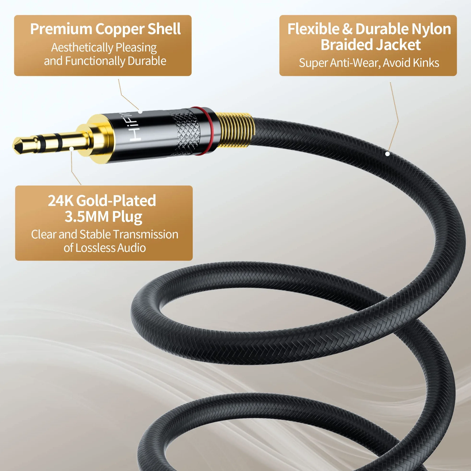 HiFind Kabel AUX 3,5 mm (prawdziwy dźwięk Hi-Fi, posrebrzany, miedziany, sprężynowy, ekranowany SR), pomocniczy kabel audio stereo, pleciony przewód AUX 3,5 mm do słuchawek, samochodu, domowego stereo