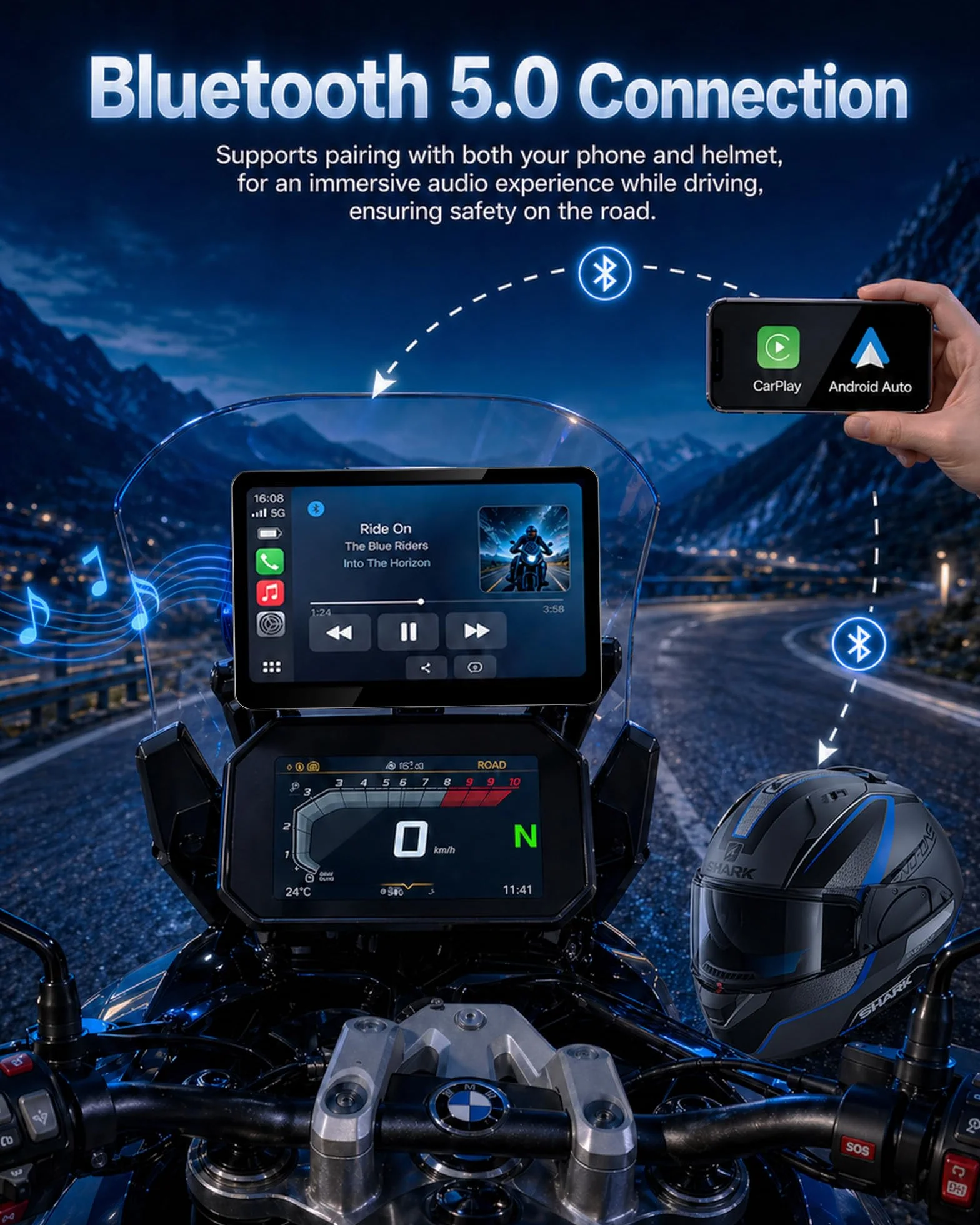 Jansite 6,25" ekran motocyklowy Carplay z natywnym Wonder Wheel do motocykli BMW, bezprzewodowy CarPlay i Android do samochodu, nawigacji motocyklowej, wodoszczelny, funkcja Plug and Play, odczyt