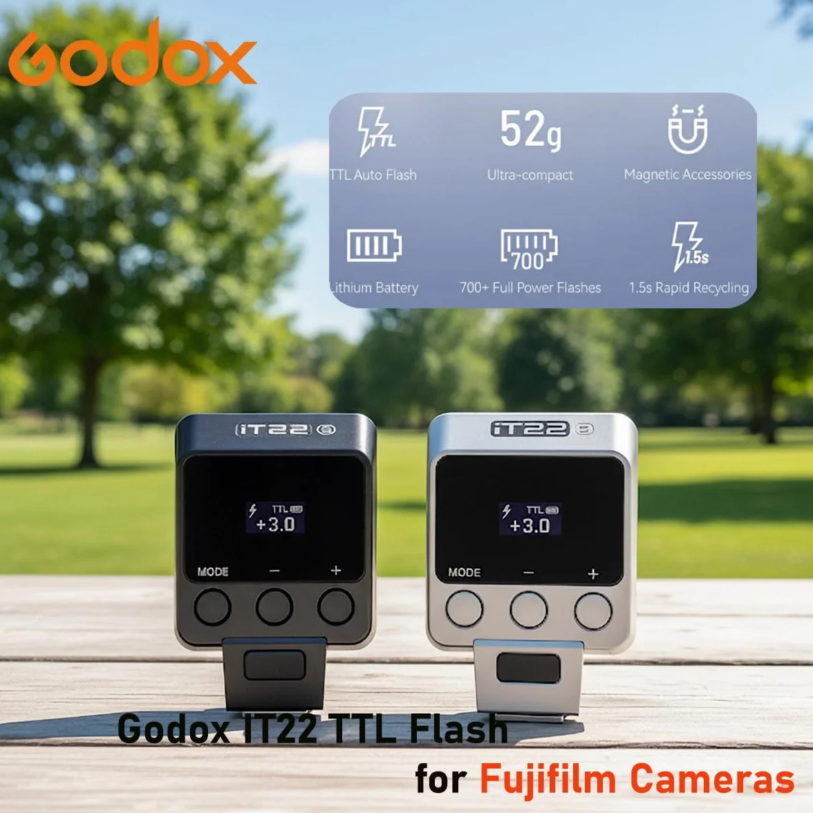 Flash GODOX IT22F do Fujifilm, IT22F TTL Auto-flash, kompatybilny z Fujifilm X100VI GFX100RF XS20 XS10 XT30 II XT5 XM5 GFX50S GFX50R X-T4 X-T3 X-E4