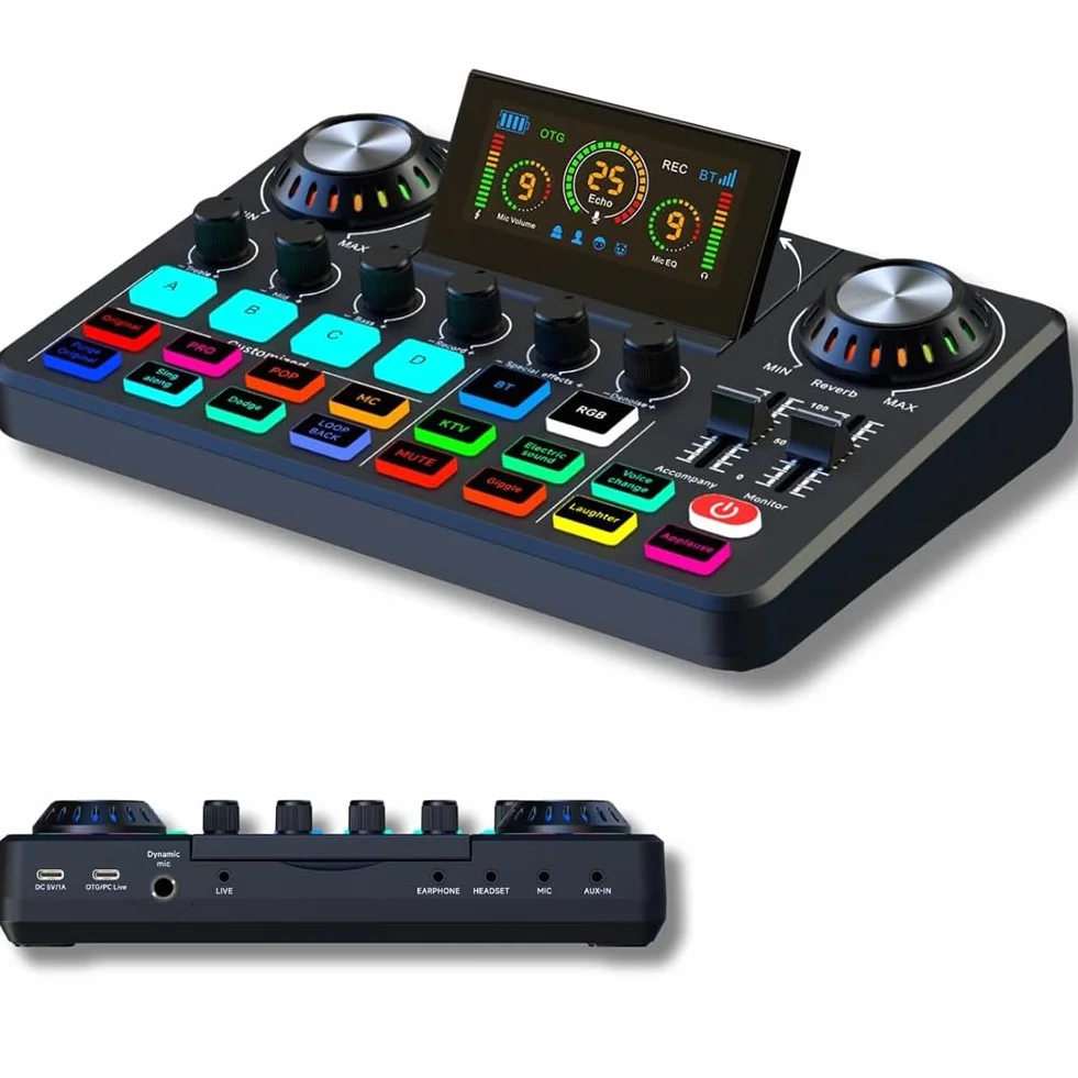 Karta dźwiękowa na żywo i mikser DJ Mikser audio z zmieniaczem głosu, płyta dźwiękowa z oświetleniem RGB, sprzęt do nagrywania muzyki