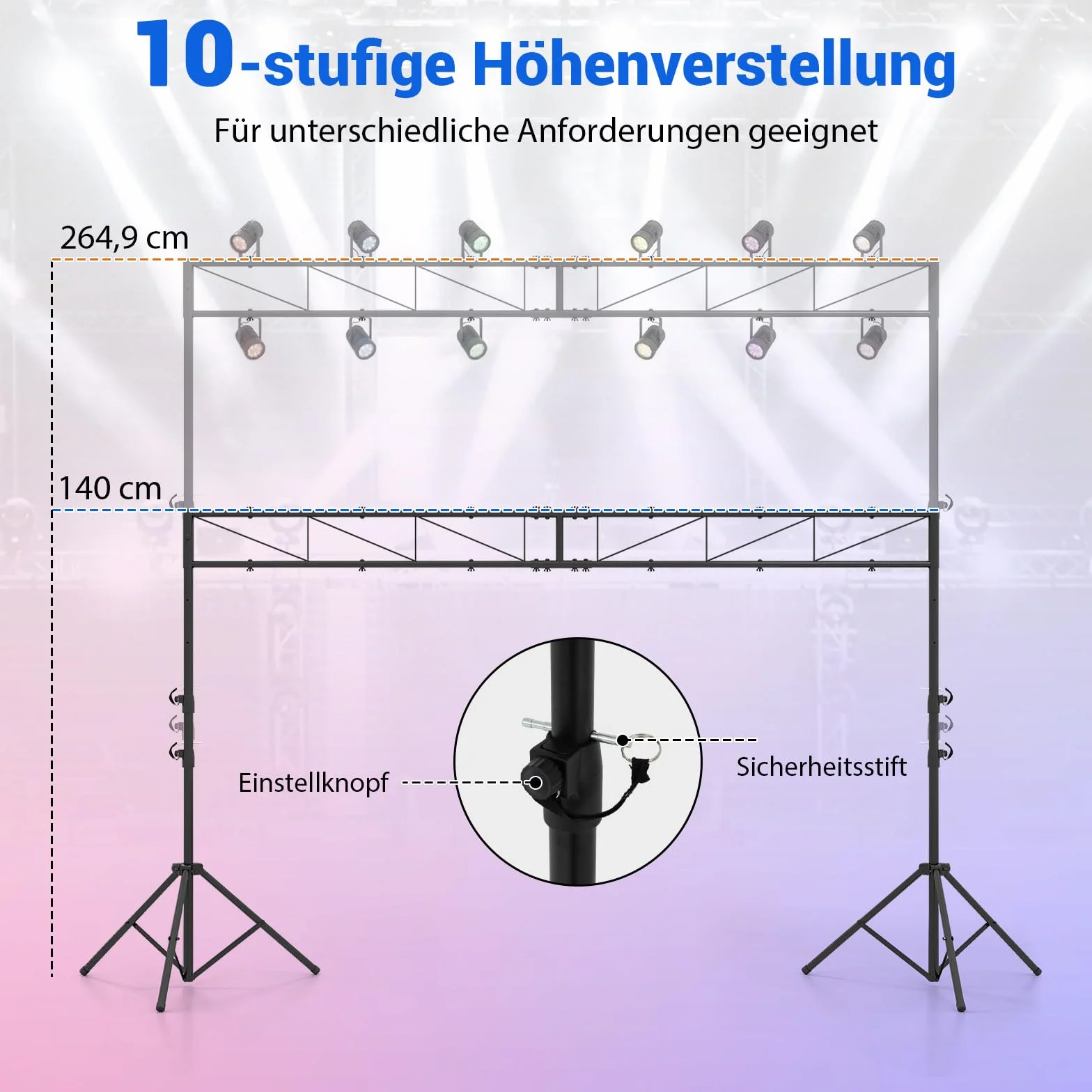 COSTWAY Statyw świetlny o długości 360 cm z poprzeczną trawersą, statyw do lampy DJ 140-265 cm, z regulacją wysokości, statyw oświetleniowy z 2 zdejmowanymi stojakami, statyw do lampy błyskowej