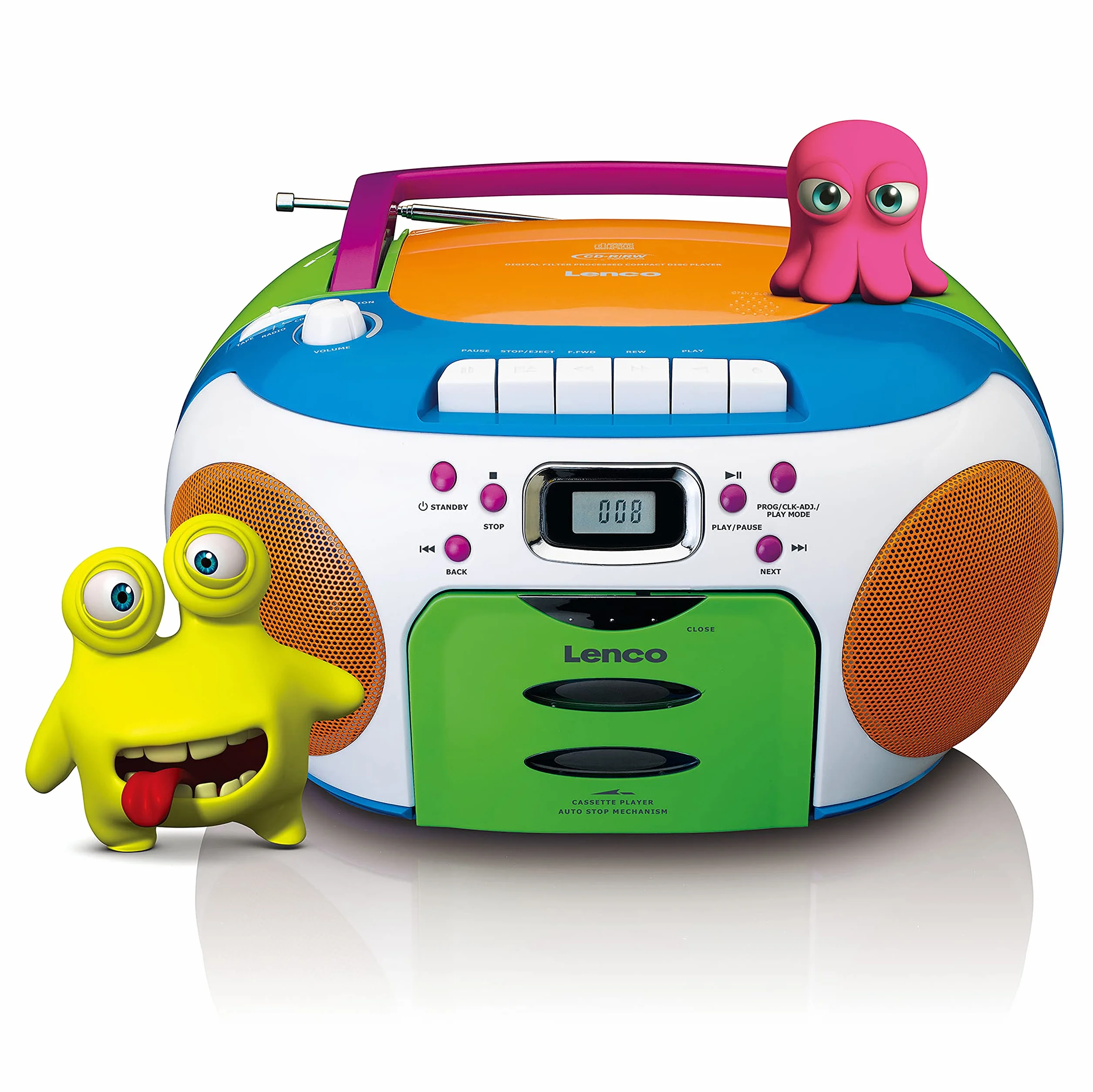 Lenco SCD-971 Radio Dziecięce Kasetowe z CD - Odtwarzacz CD i Kasetowy - Głośnik Stereo - Wejście Na Słuchawki - Pamięć Utworów - Wielokolorowe