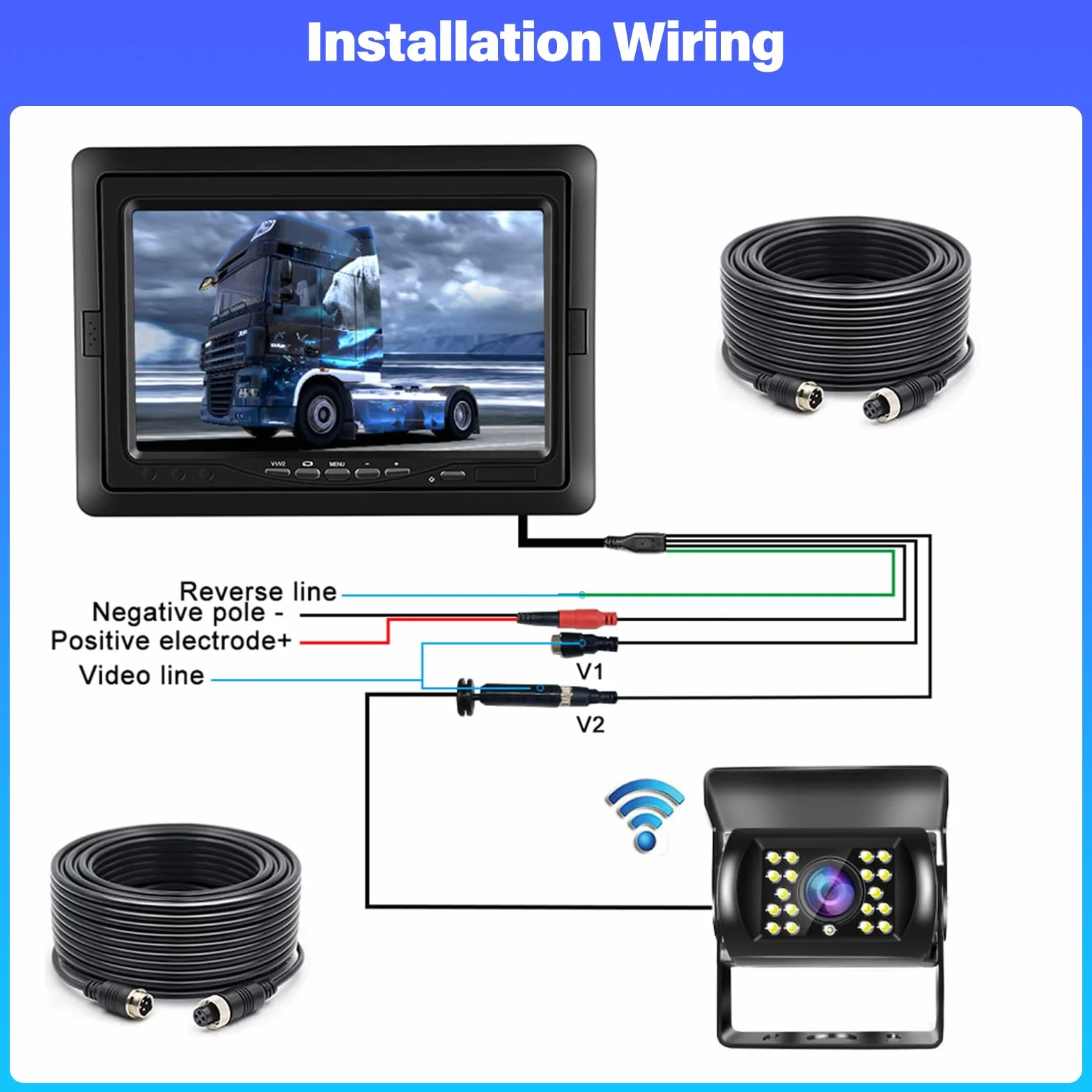 Samochodowa kamera cofania z 7-calowym wyświetlaczem LCD, monitor samochodowy z kamerą cofania IP67, wodoodporna 18 IR noktowizor - 2 kamery cofania + 2 kable do ciężarówki, autobusu/van/przyczepy 12