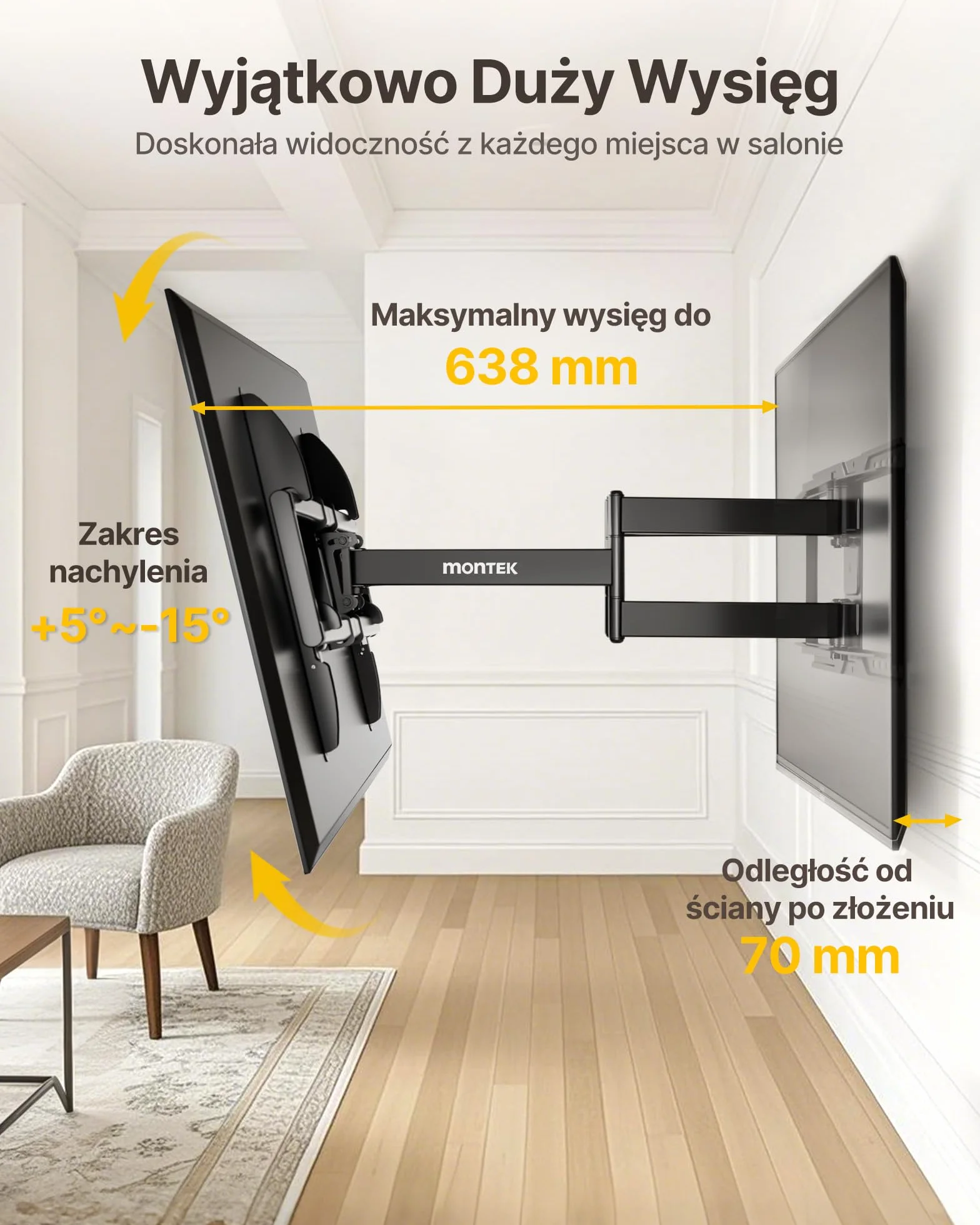 monTEK Uchwyt ścienny do telewizorów 37–90cali do 75 kg,maks.VESA600x400mm | 2026 New,Full Motion,Heavy Duty,Extended 638mm Dual Arm,Tool-Free Tilt & Swivel,Easy Assembly,Tools included