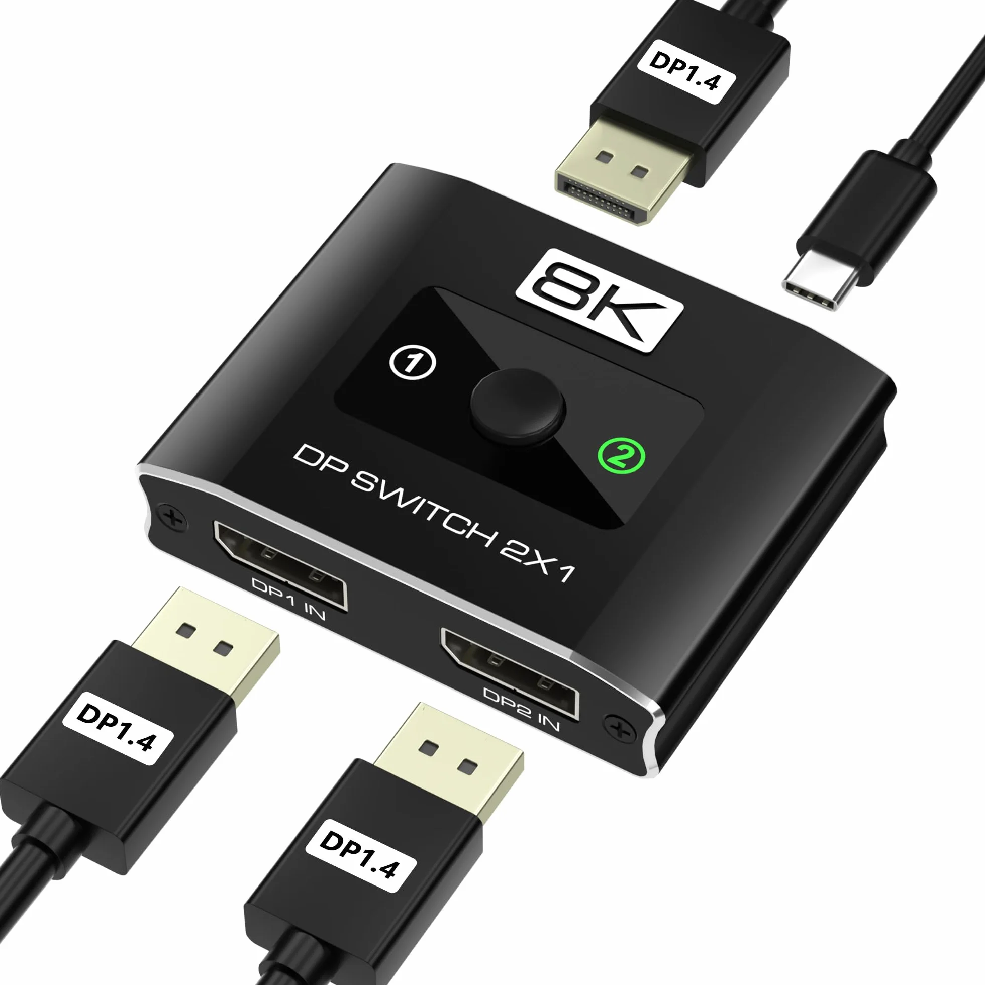 Przełącznik DisplayPort 2 w 1, przełącznik 8K przy 60 Hz DP 1.4 z obsługą DSC, 2 przełączniki komputerowe, jeden monitor, przełącznik portu wyświetlacza 4K przy 144 Hz do laptopów, komputerów