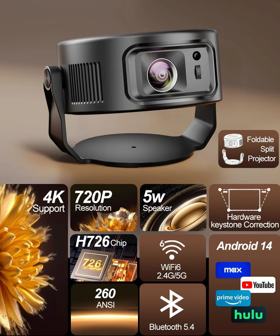 Magcubic Mini projektor 4K, 360°+35°, składany projektor dzielony, 260 ANSI Wi-Fi 6 i Bluetooth 5.4, automatyczna korekcja trapezu i ręczna regulacja ostrości do kina domowego