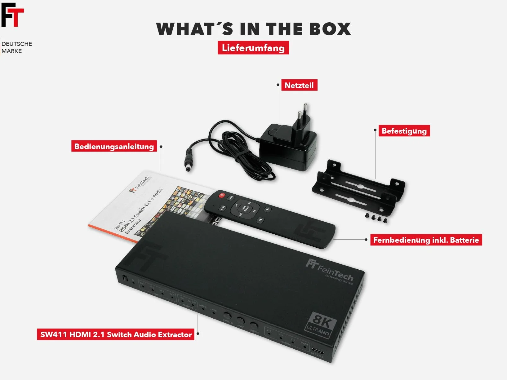 FeinTech SW411 HDMI 2.1 Switch 4 w 1 Out z ekstraktorem audio do systemów dźwiękowych z wejściem HDMI, Toslink i AUX, obsługuje 4K 120Hz i 8K