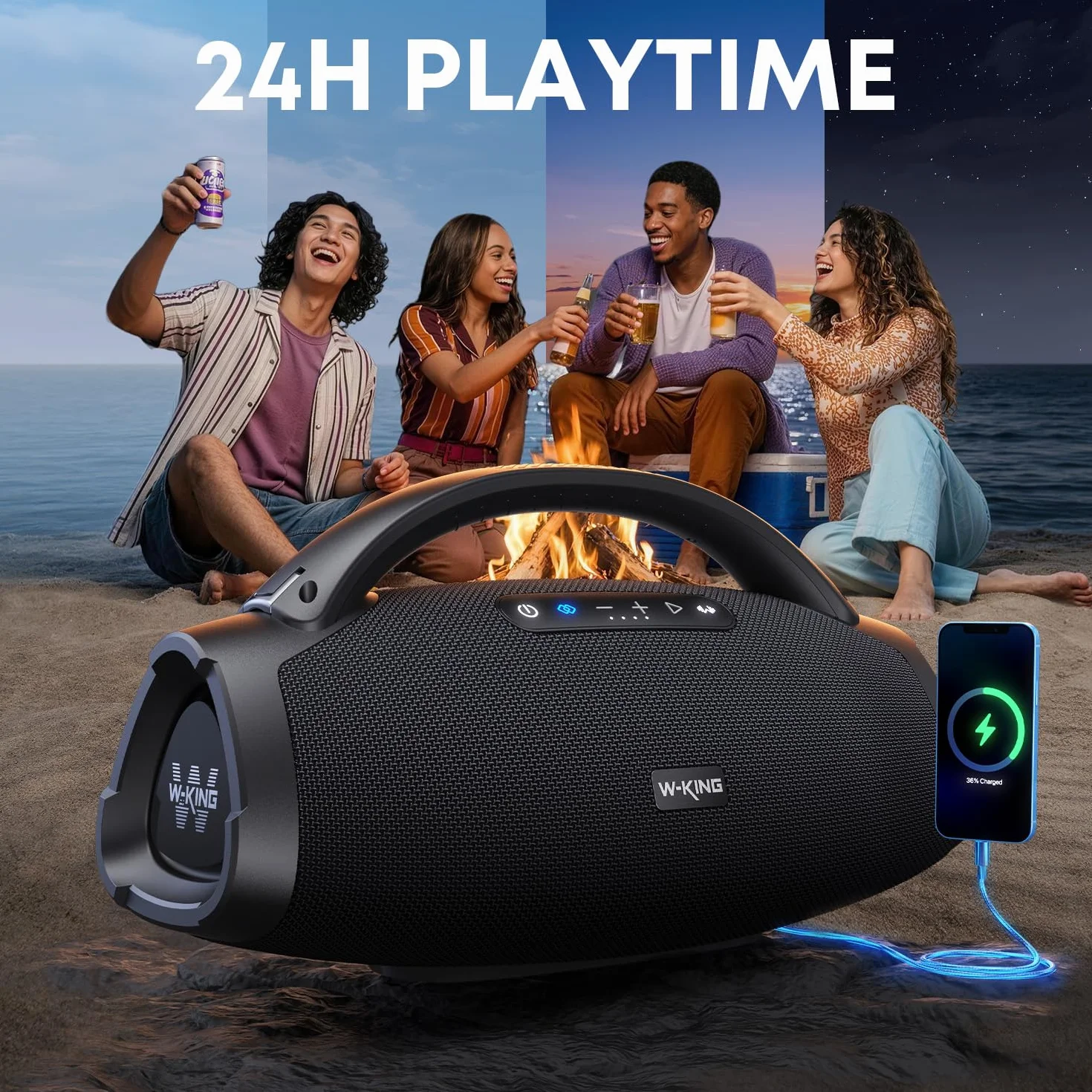 200W RMS Głośnik Bluetooth, W-KING 300W Szczyt Głośny Przenośny Boombox Super Bass/Szybkie ładowanie Bluetooth Box, IPX7, Subwoofer/EQ, Wejście Gitarowe/USB/AUX