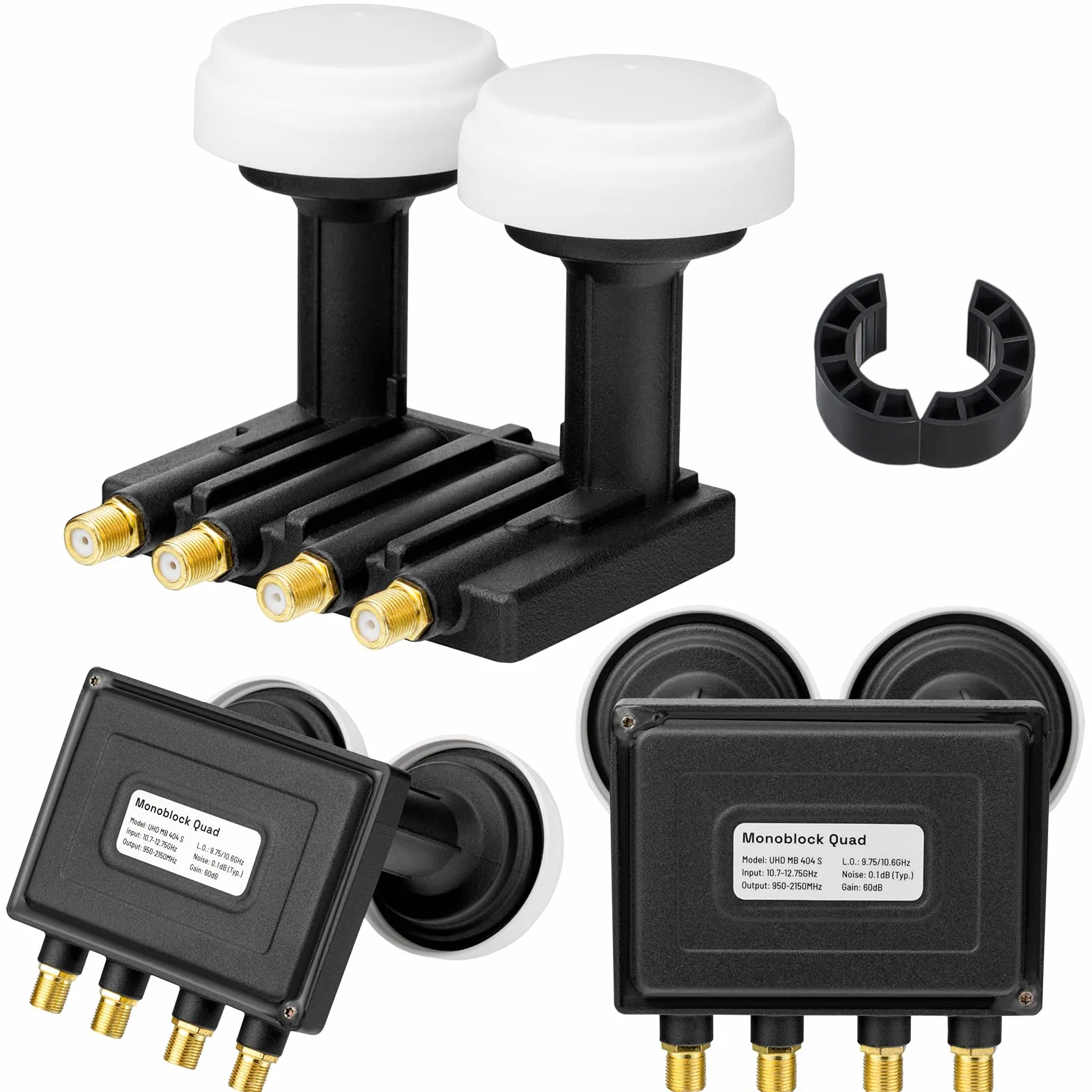 hb-digital Monoblock Quad LNB UHD MB 404 S LNC dla 4 uczestników/odbiornika Direkt 2 satelity Astra 19,2° Hotbird 13° Full HD TV 3D 4K + 8 x wtyk F pozłacany + 2 x gumowe tulejki + 1 x klucz montażowy